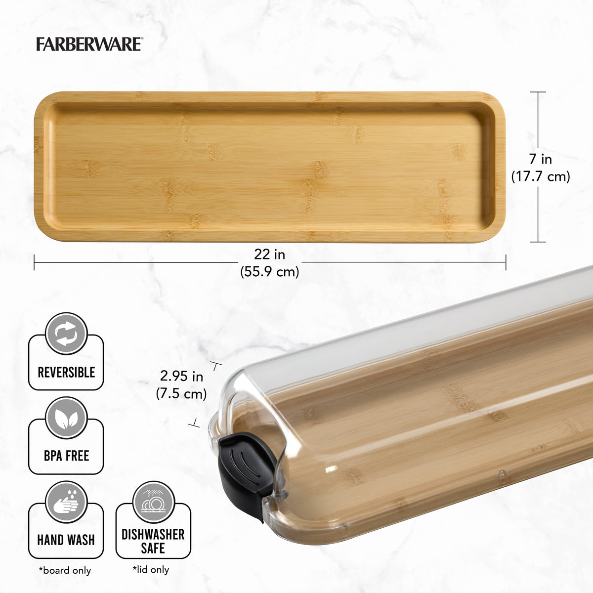 Diagram of the Build-a-Board locking system with a close up of the lid over a 22 inch bamboo cutting board.