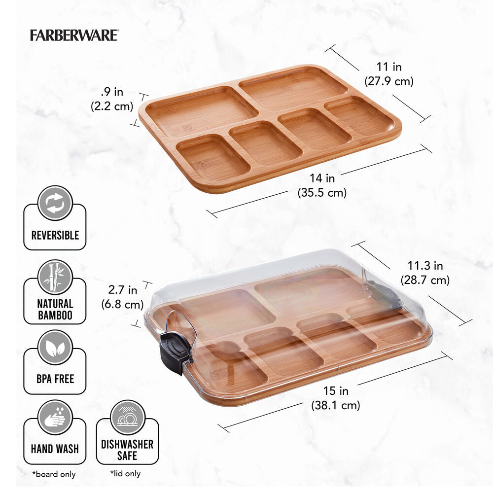Diagram of a six section bamboo cutting board with a removable clear lid