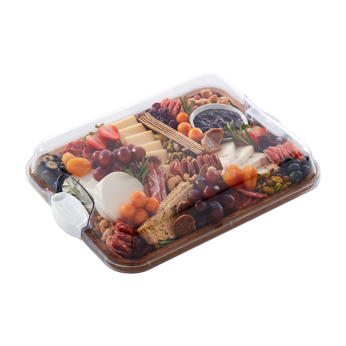 Acacia cutting board packed with cheese, grapes, strawberries and crackers in a clear display case
