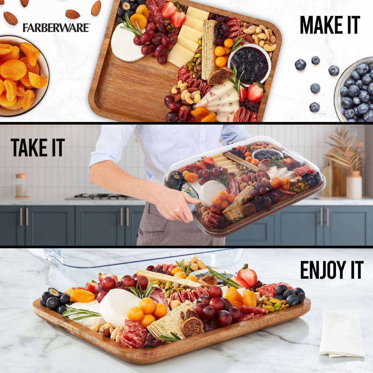 Wooden Build-a-Board with an assortment of cheeses fruits nuts and crackers on a marble countertop
