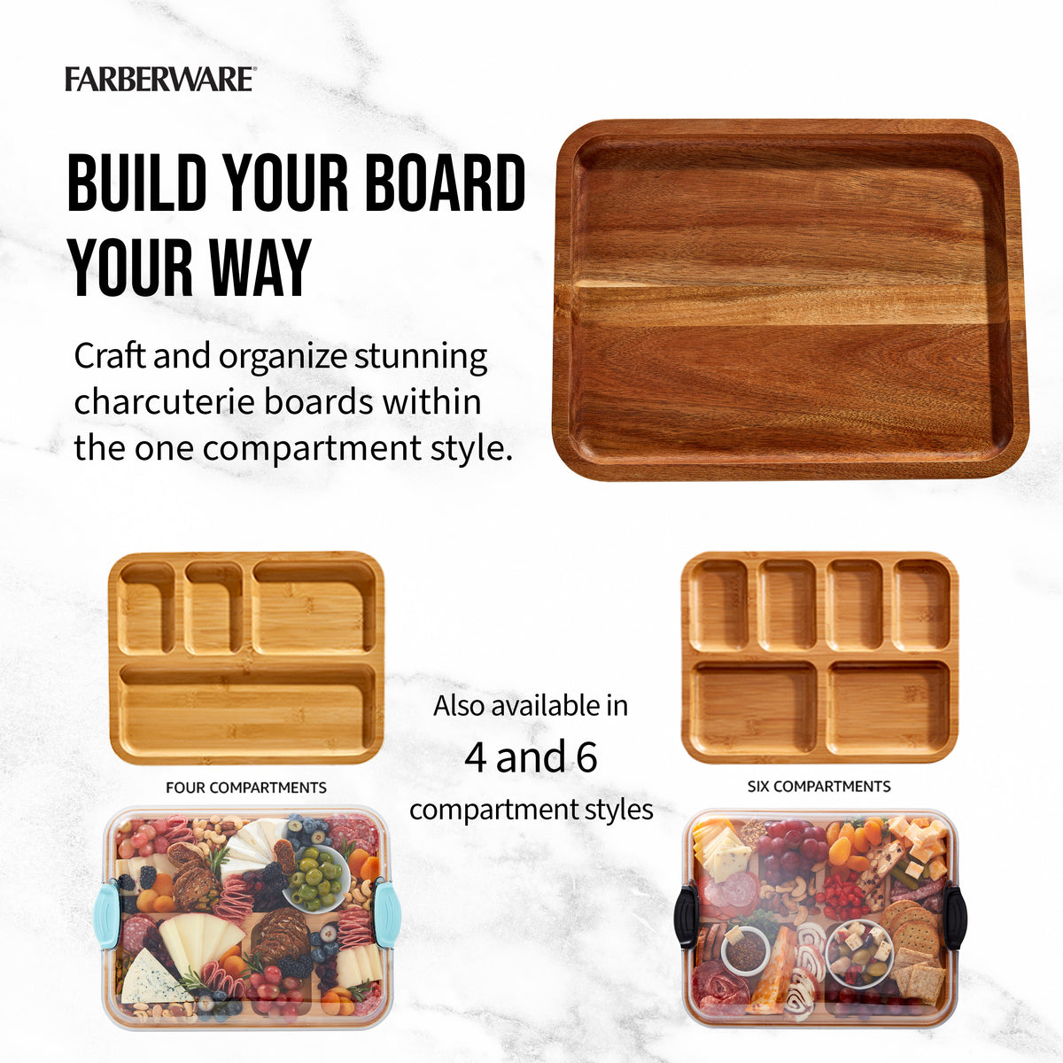Acacia cutting board on the right with bold Build Your Board Your Way text on the left and images of four and six compartment boards below