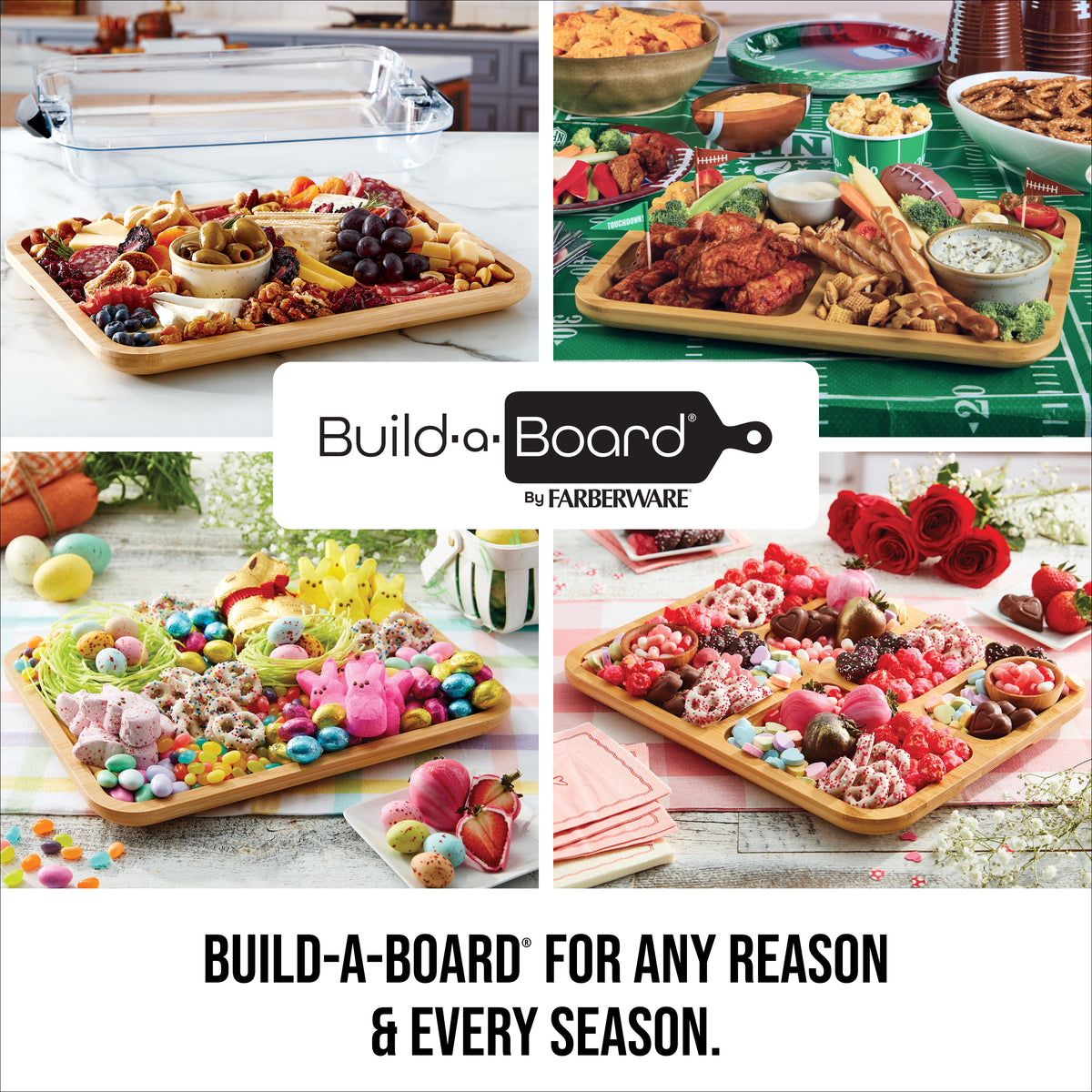 Two panel collage with a clear storage lid on the left and a Build-a-Board tray piled with cheeses crackers and fruit on the right