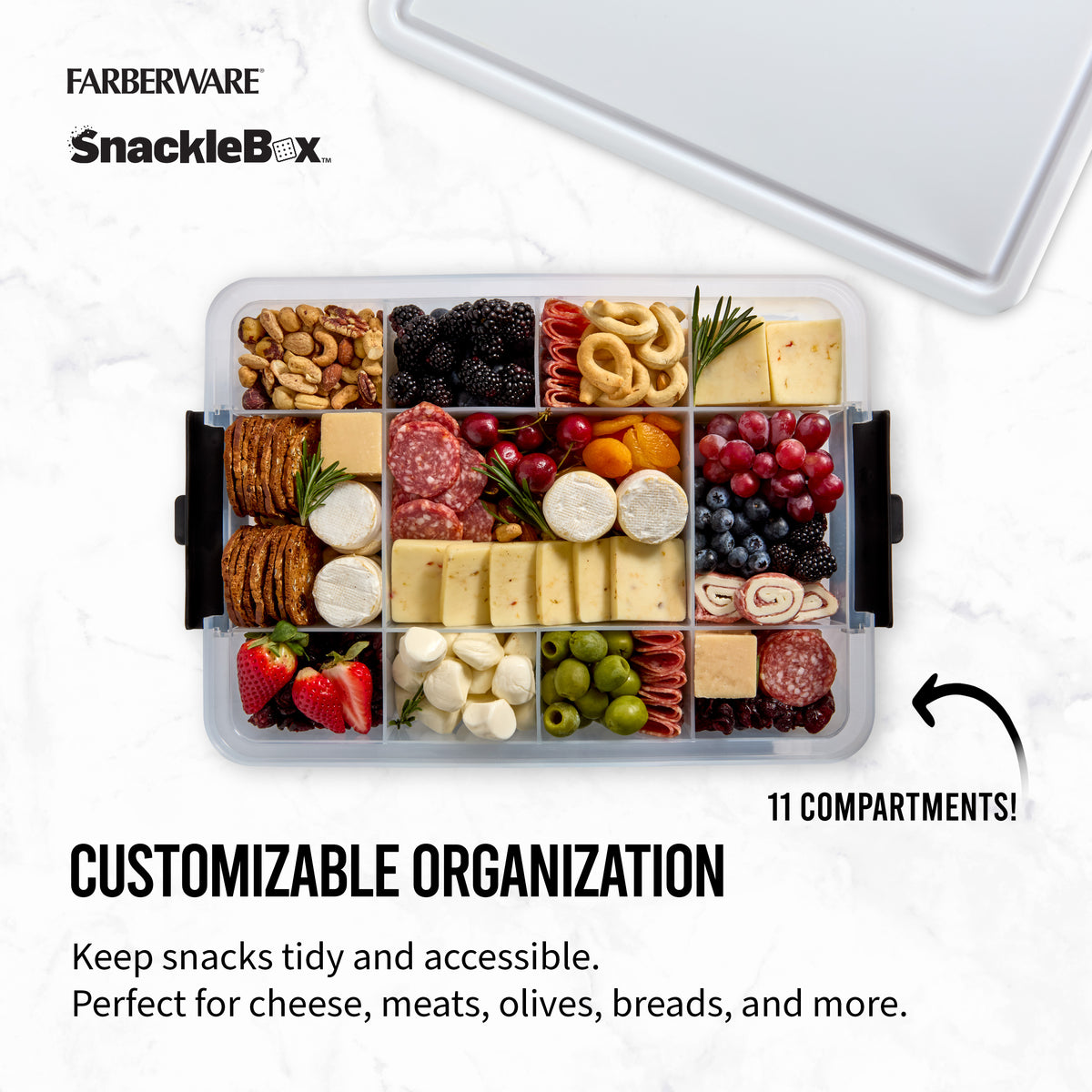 SnackleBox product feature with Easy-Snap locking and a clear compartment tray.
