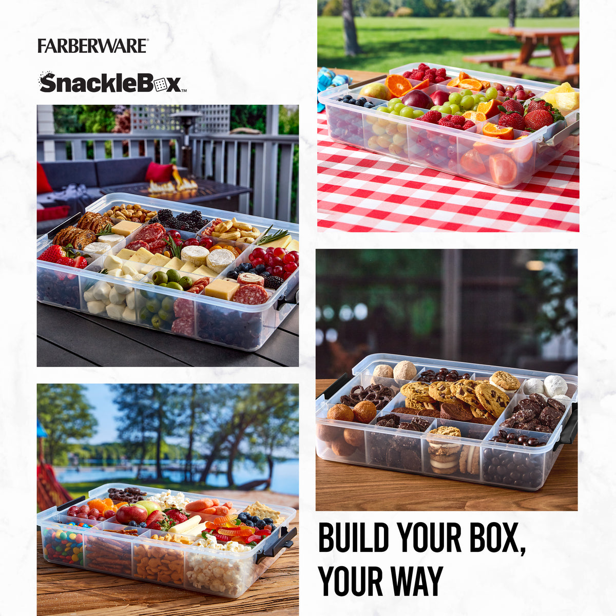 Farberware SnackleBox 11x16 eleven‑section container shown in outdoor picnic setup with a fruit and veggie platter.