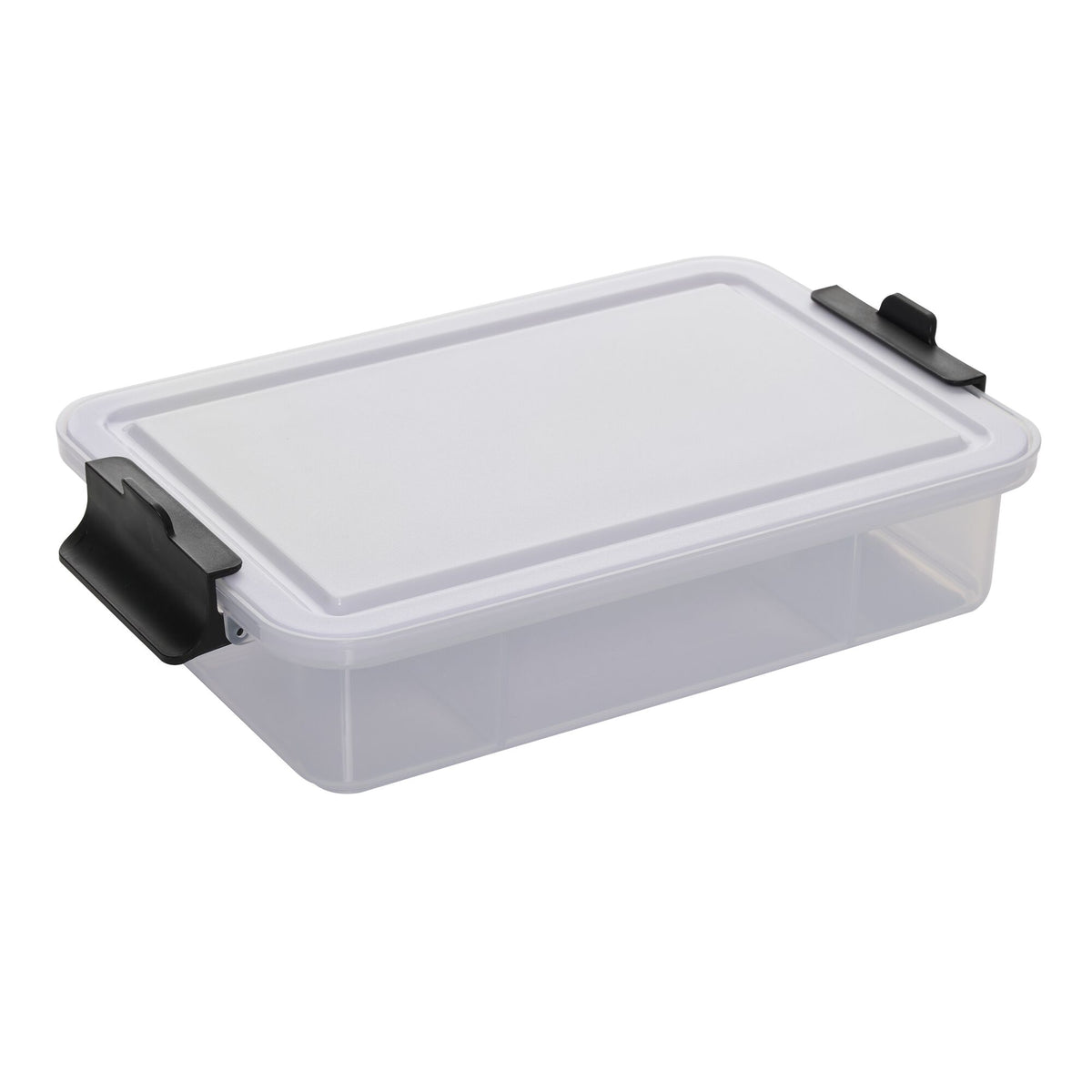 Corner view of a clear Snacklebox lid with a black latch.