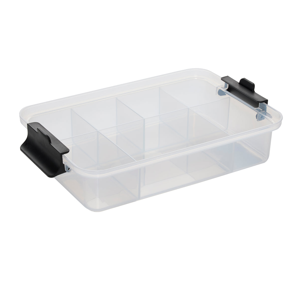 Close up of clear Snacklebox showing the black latch on the lid edge.