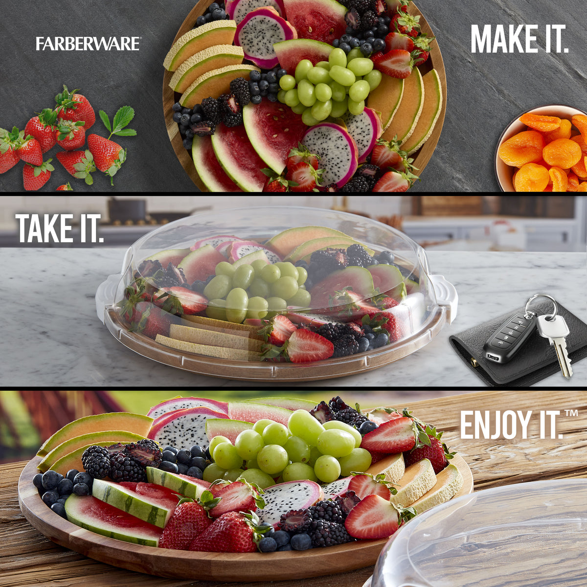 Build-a-Board Acacia Cutting Board 14 inch Round fruit platter with dragon fruit grapes and berries under a clear cloche