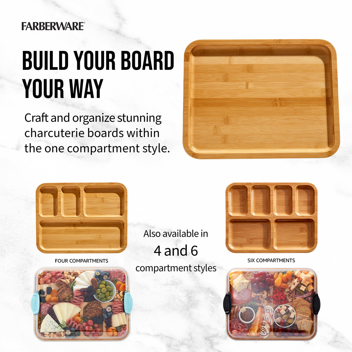 Build-a-Board customizable and portable bamboo cutting boards collage showing different compartment styles