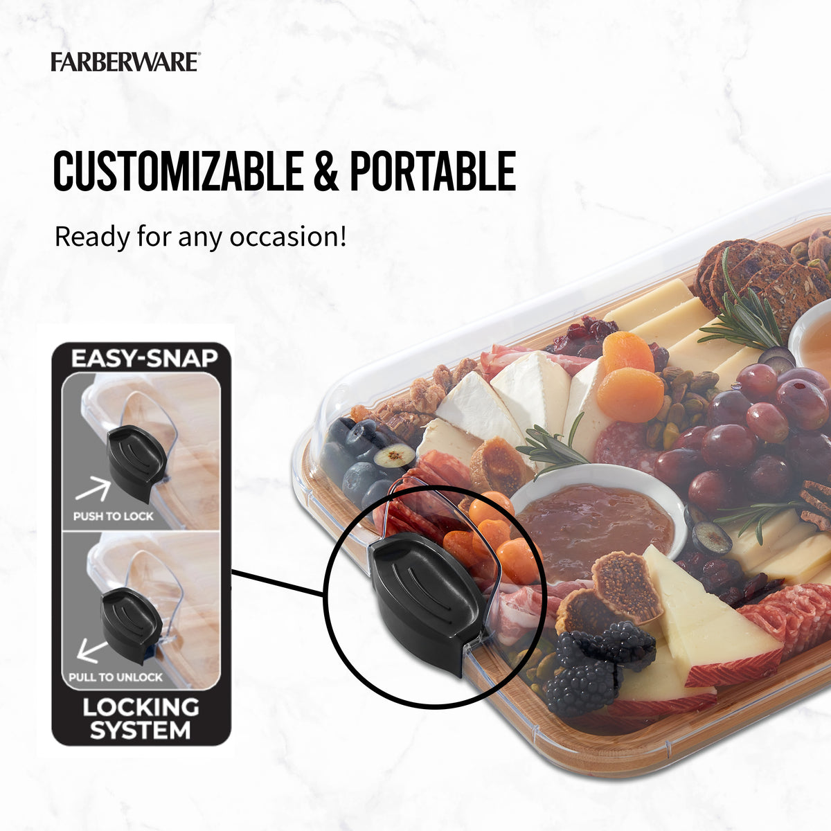 Build-a-Board showing four and six compartment bamboo cutting boards filled with cheese fruit and charcuterie items
