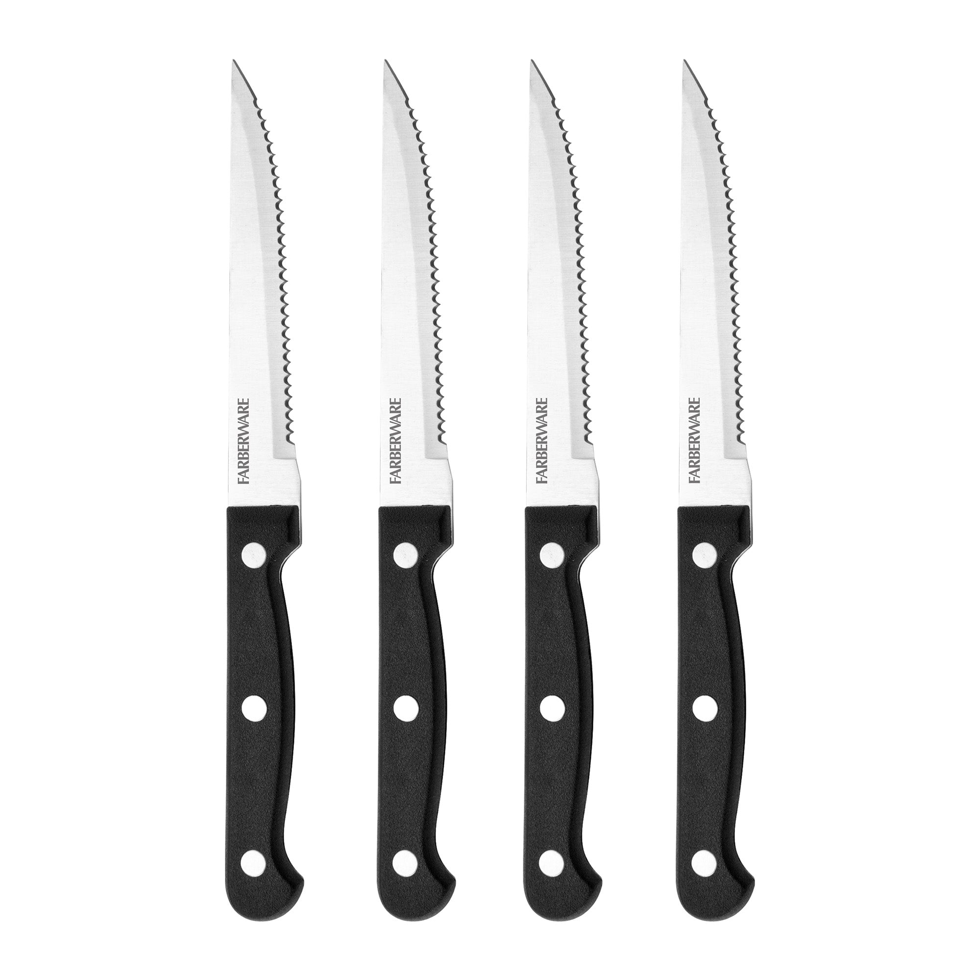 Farberware Stamped Triple Rivet High Carbon Stainless Steel Steak Knife Set, 4-Piece, Black