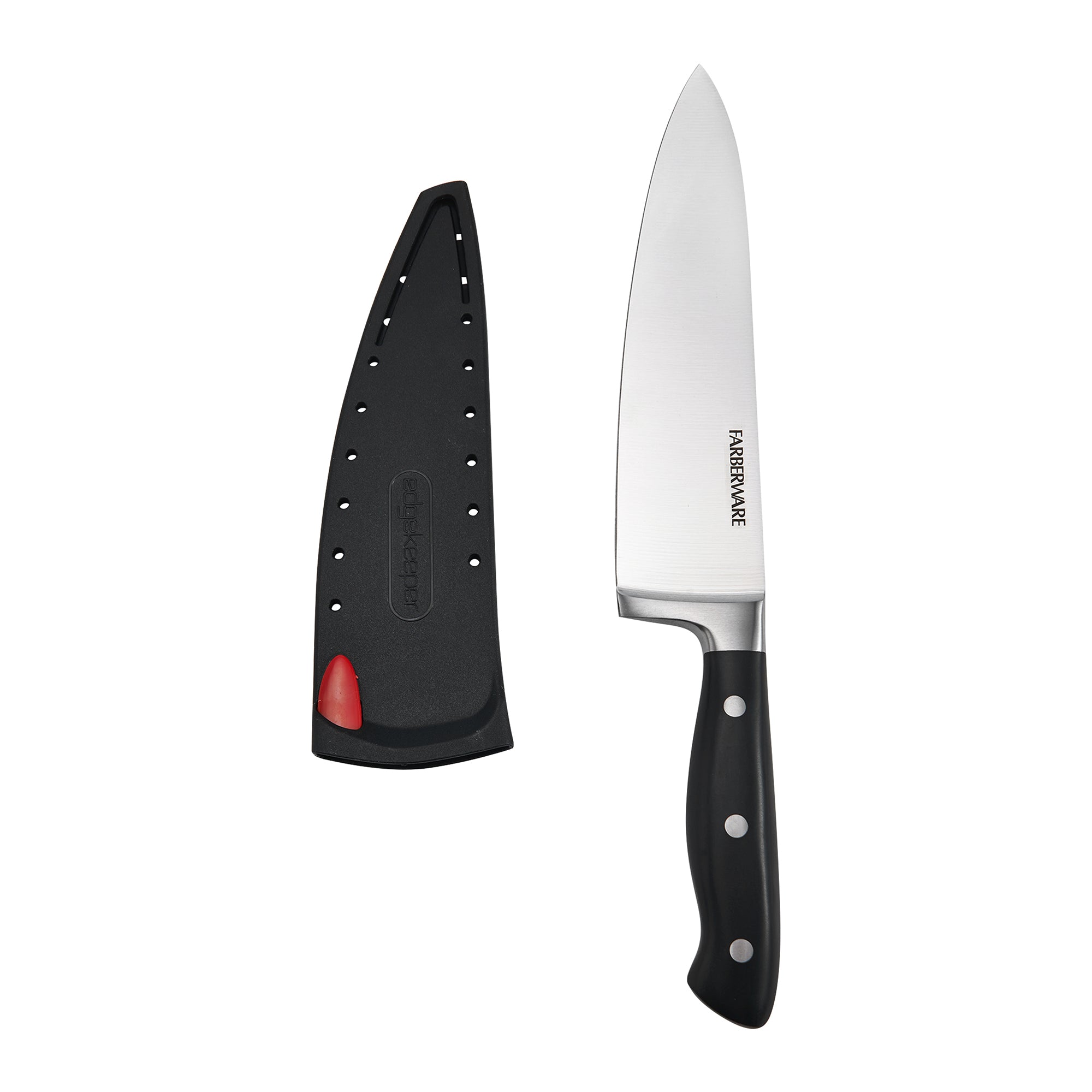 Farberware Edgekeeper 8-Inch Forged Triple Riveted Chef Knife with Self-Sharpening Blade Cover, High Carbon-Stainless Steel Kitchen Knife with Ergonomic Handle, Razor-Sharp Knife, Black