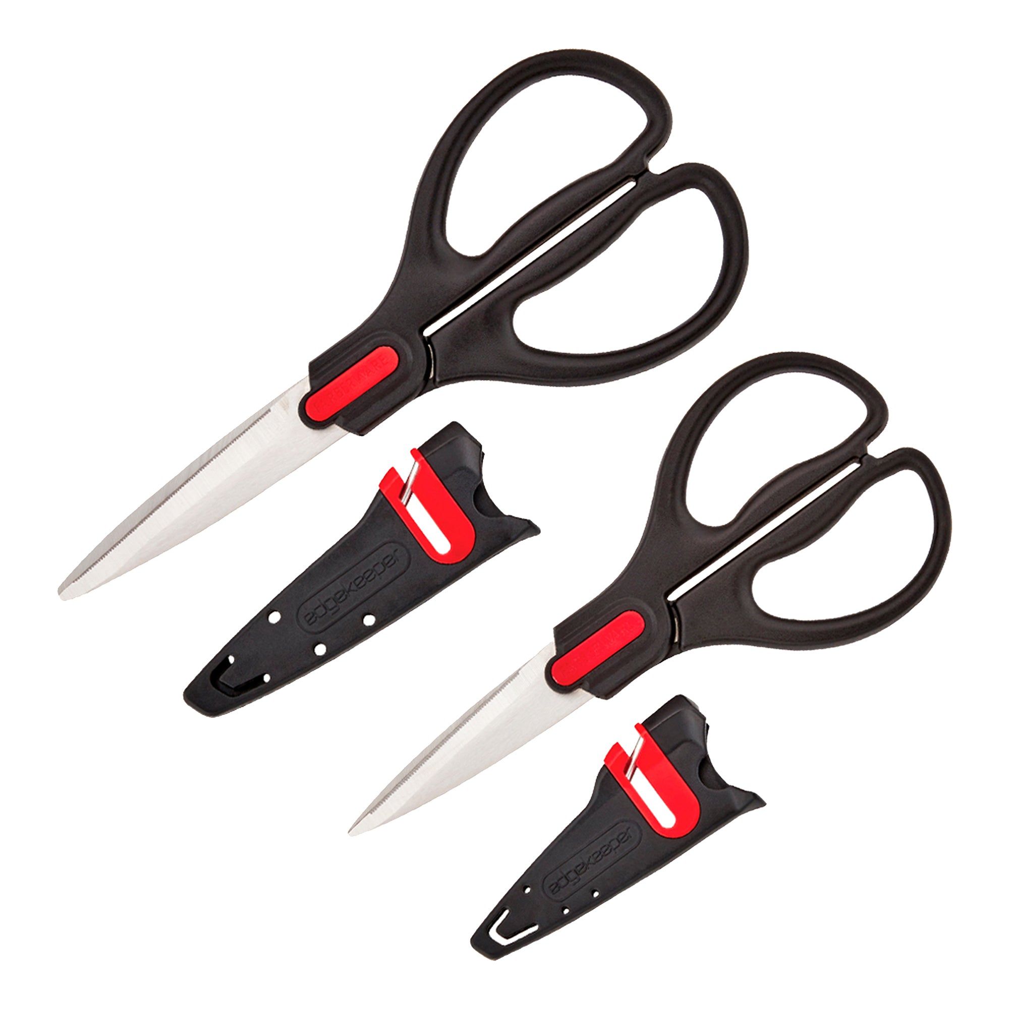 Farberware All Purpose and Utility scissors with Edgekeeper Sharpening Sheaths, Strong and Durable Multi Use Scissors, 2-Piece, Black/Red