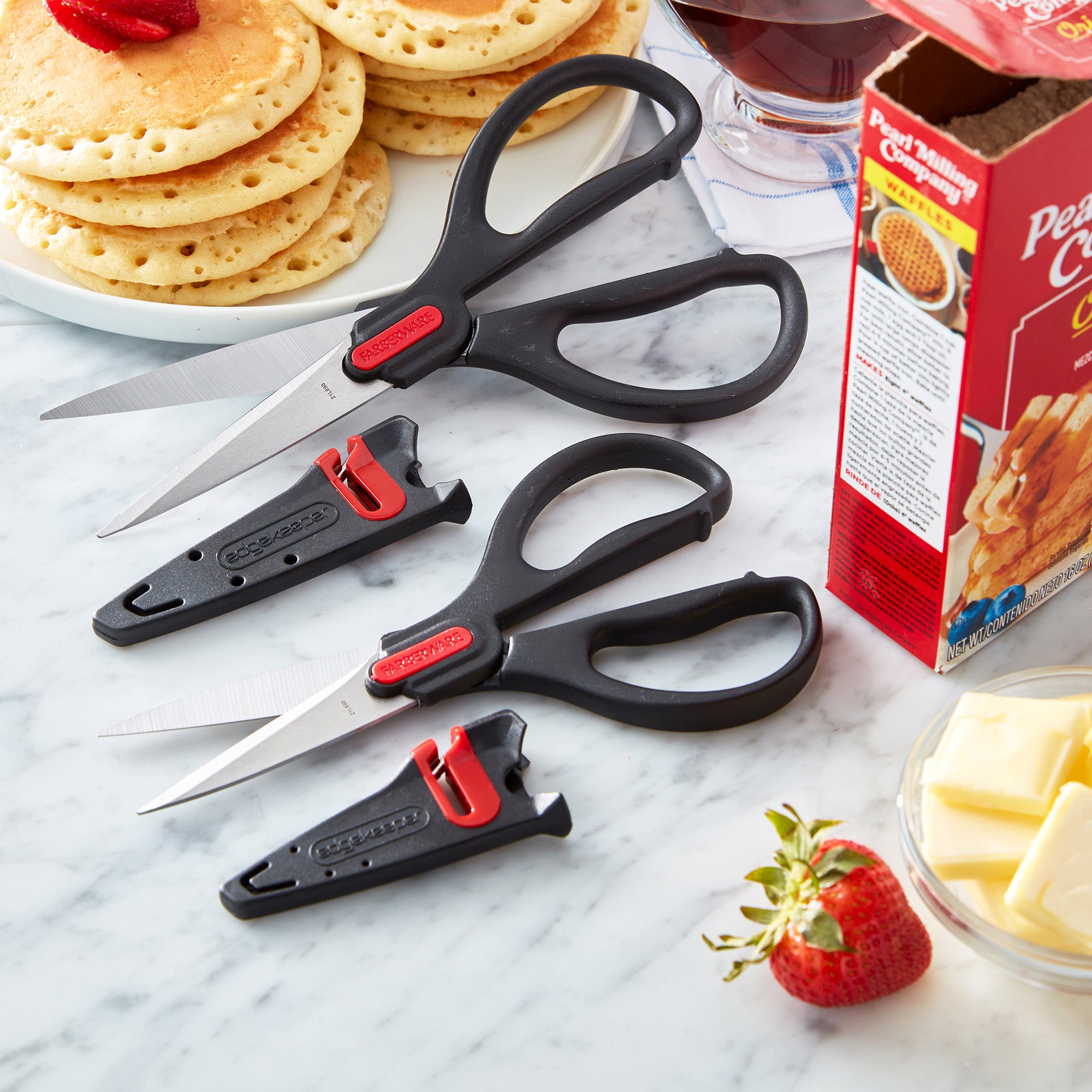 Farberware All Purpose and Utility scissors with Edgekeeper Sharpening Sheaths, Strong and Durable Multi Use Scissors, 2-Piece, Black/Red