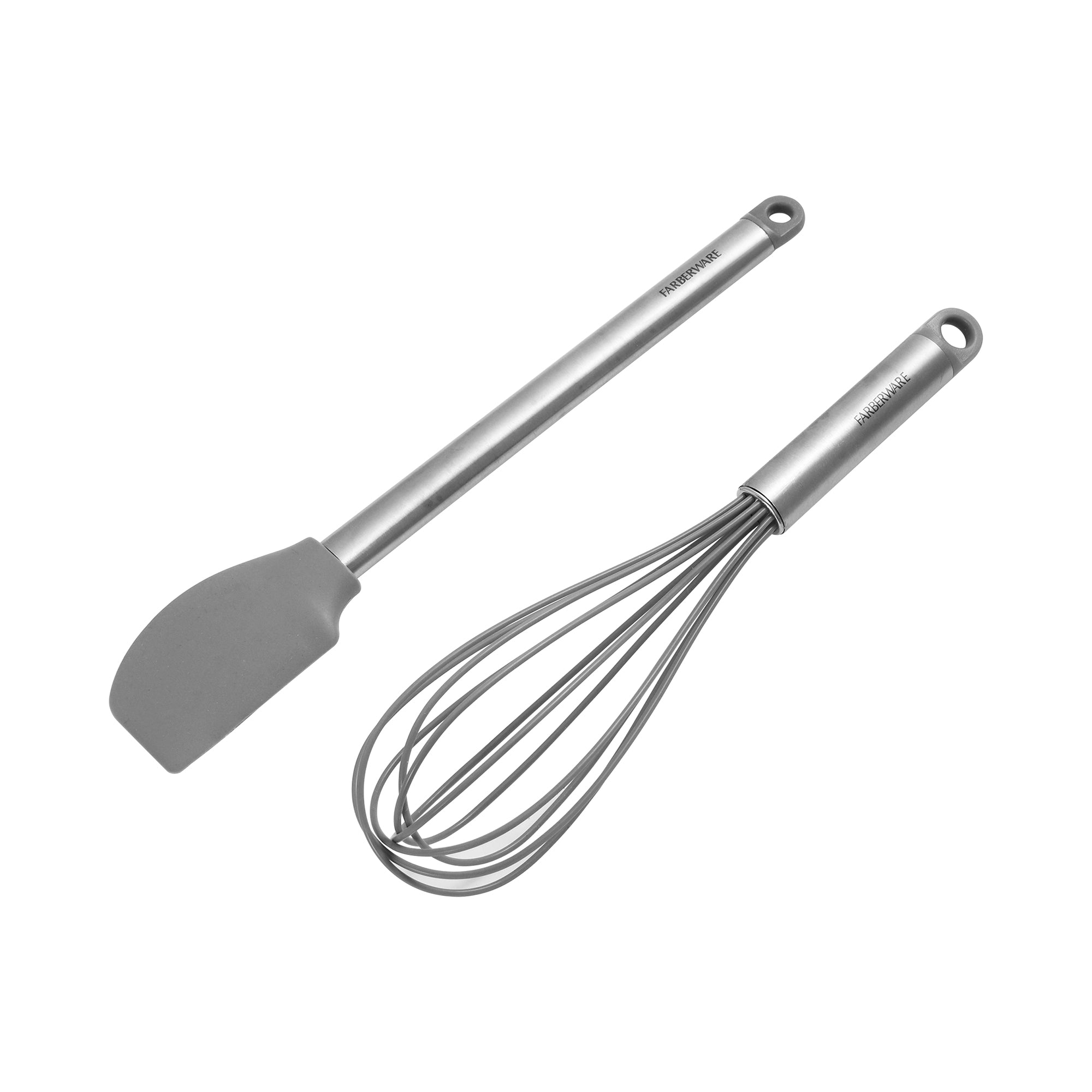 Farberware Professional 2 Piece Baking Set with Stainless Steel Wire Whisk and Stanless Steel Handle, Grey Silicone Head Spatulas For Beating, Blending, Mixing, and Scraping