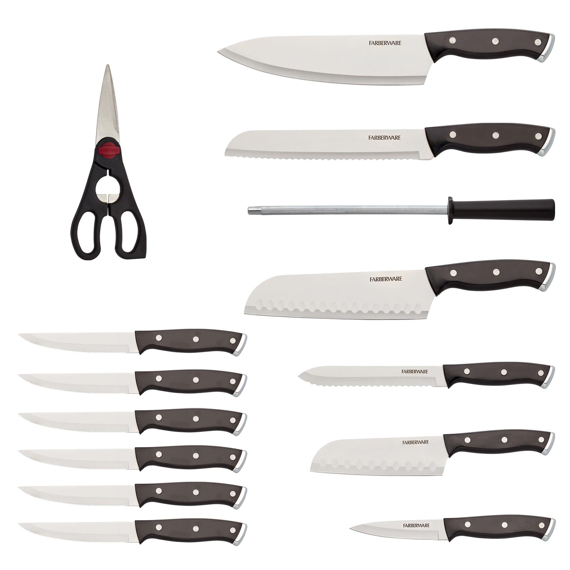 Farberware Triple Riveted Knife Block Set, High Carbon-Stainless Steel Blades Ergonomic Handles, Includes Natural Pinewood, 15 piece, Black Pine