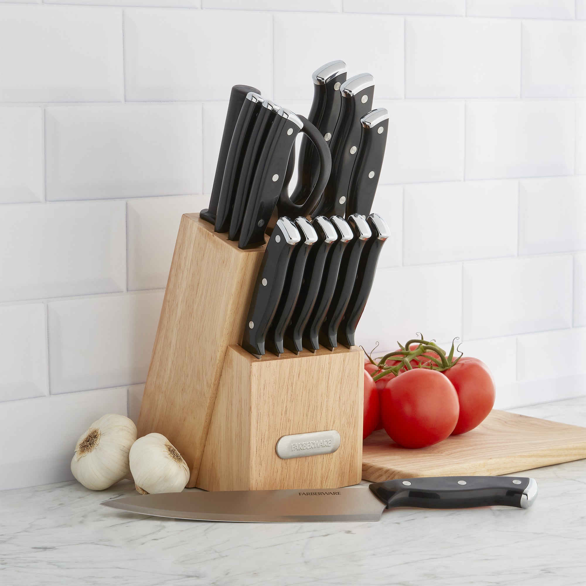 Triple Riveted Black Knife Set with Wood Block, 15-Piece
