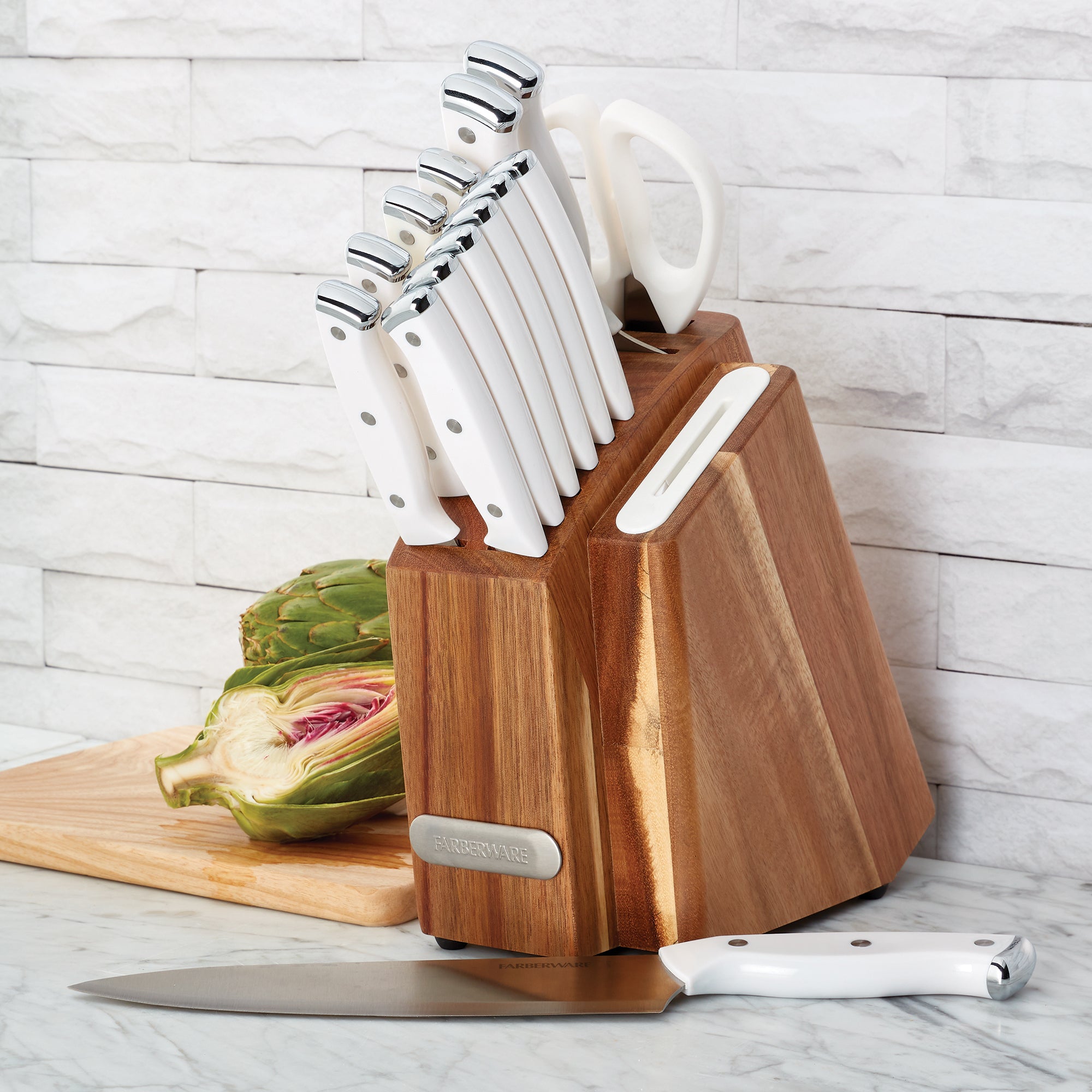 EdgeKeeper White Knife Set with Slim Acacia Block, 14-Piece