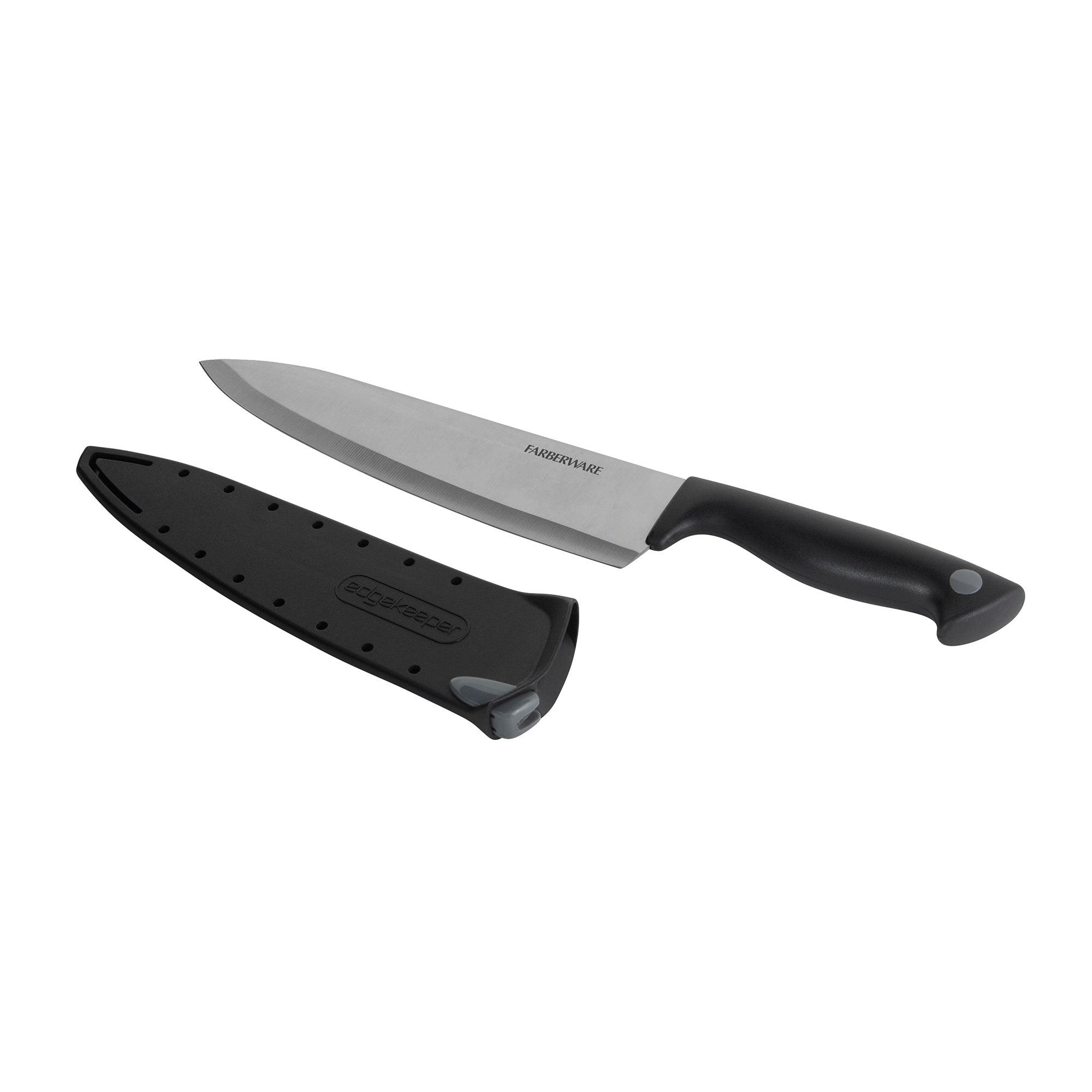 Farberware Edgekeeper 8-Inch Chef Knife with Self-Sharpening Blade Cover, High Carbon-Stainless Steel Kitchen Knife with Ergonomic Handle, Razor-Sharp Knife, Black