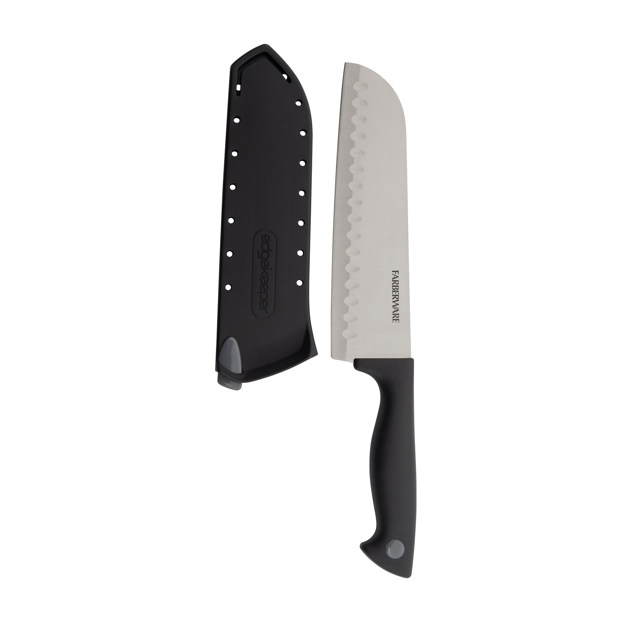 Farberware Edgekeeper 7-Inch Santoku Knife with Self-Sharpening Blade Cover, High Carbon-Stainless Steel Kitchen Knife with Ergonomic Handle, Razor-Sharp Knife, Black