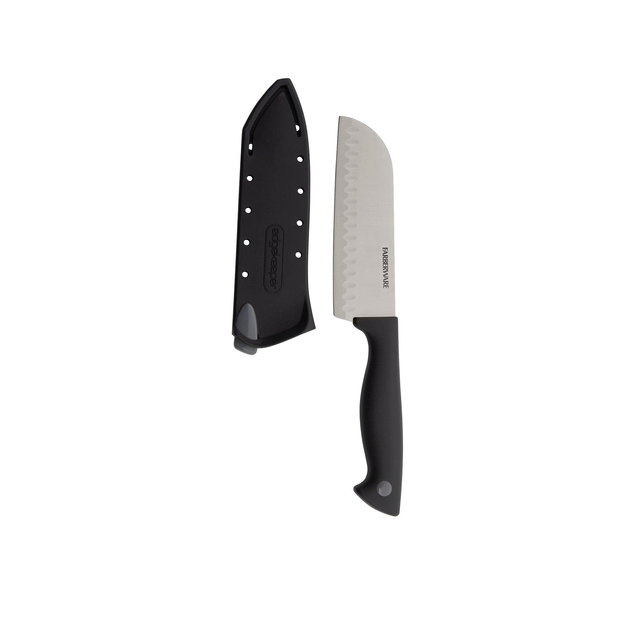 Farberware Edgekeeper 5-Inch Santoku Knife with Self-Sharpening Blade Cover, High Carbon-Stainless Steel Kitchen Knife with Ergonomic Handle, Razor-Sharp Knife, Black
