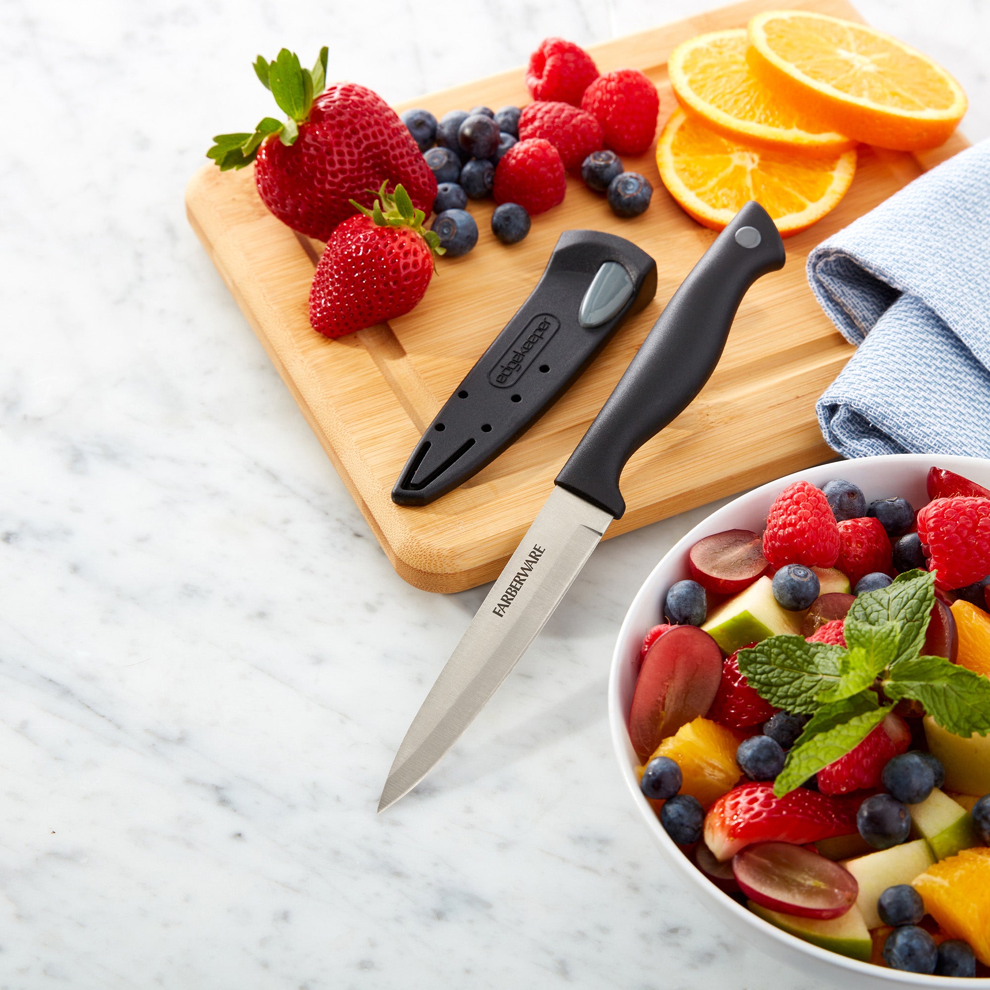Farberware Edgekeeper 4.5-Inch Fine Edge Utility Knife with Self-Sharpening Blade Cover, High Carbon-Stainless Steel Kitchen Knife with Ergonomic Handle, Razor-Sharp Knife, Black