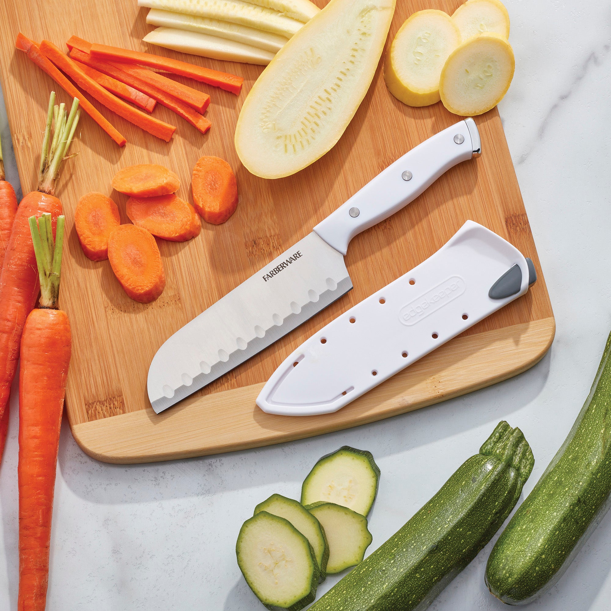 Farberware Edgekeeper Triple Riveted Santoku Self-Sharpening Blade Cover, High Carbon-Stainless Steel Kitchen Ergonomic Handle, Razor-Sharp Knife, 5 Inch, White