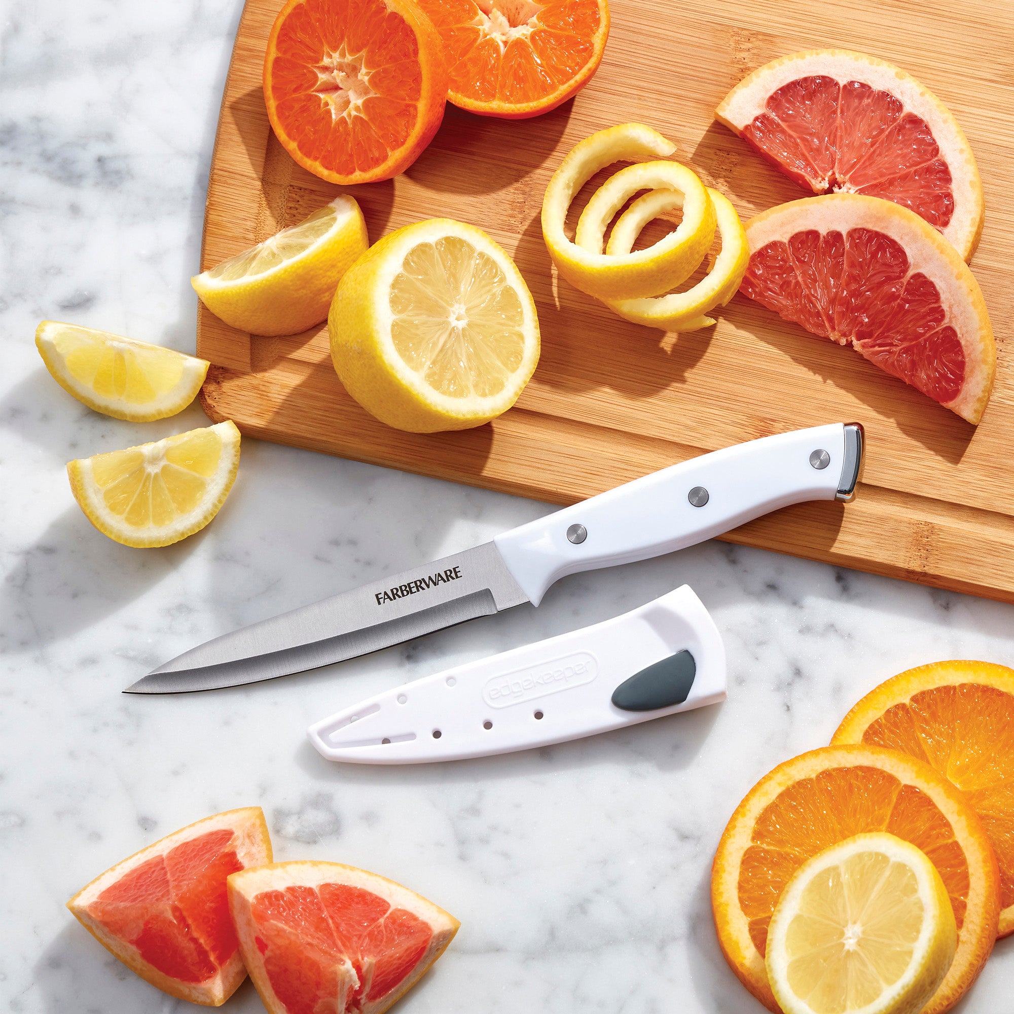 Farberware Edgekeeper Triple Riveted Fine-Edge Utility Self-Sharpening Blade Cover, High Carbon-Stainless Steel Kitchen Ergonomic Handle, Razor-Sharp Knife, 4.5 Inch, White