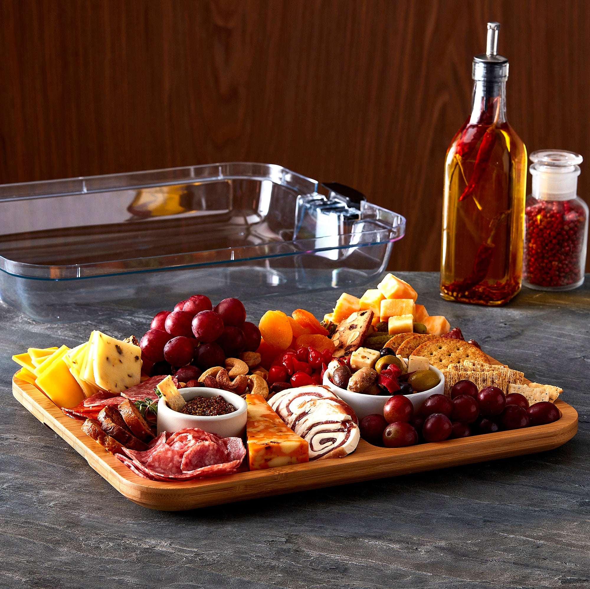 Farberware Build-a-Board Cutting Board with Compartments and Clear Locking Lid for Charcuterie, Snacks, and More-Make it. Take it. Enjoy it, 11x14 Inch, Bamboo