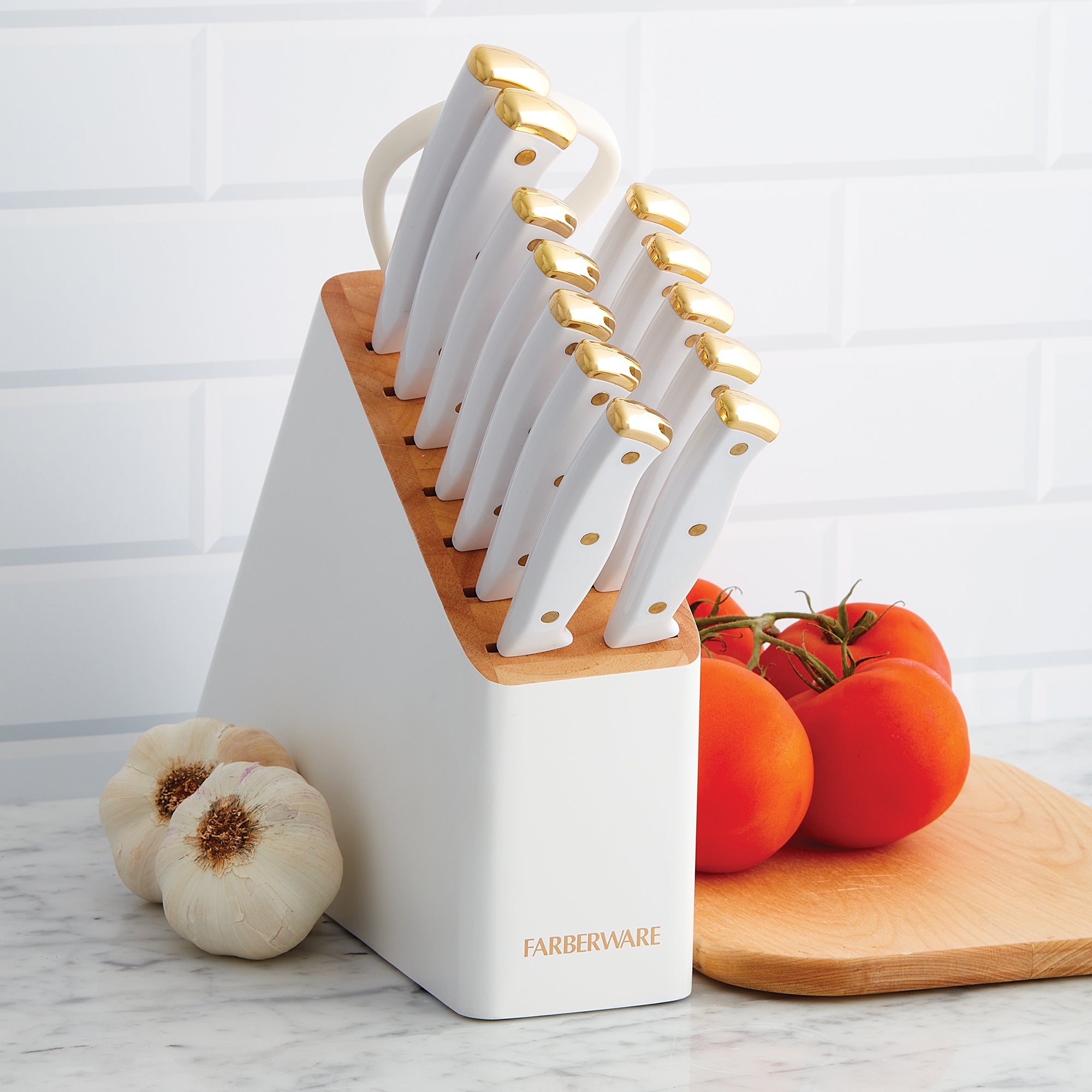 Farberware Triple Riveted Knife Block Set, 14-Piece, White and Gold
