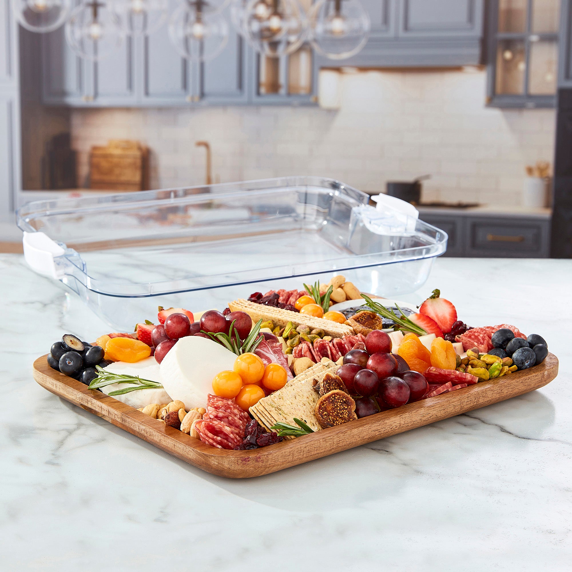 Farberware Build-A-Board Acacia Cutting Board with Built-in Compartments and Clear Locking Lid with White Handles, Perfect for Charcuterie, Snacks, and More - Make it. Take it. Enjoy it, 11x14 Inches