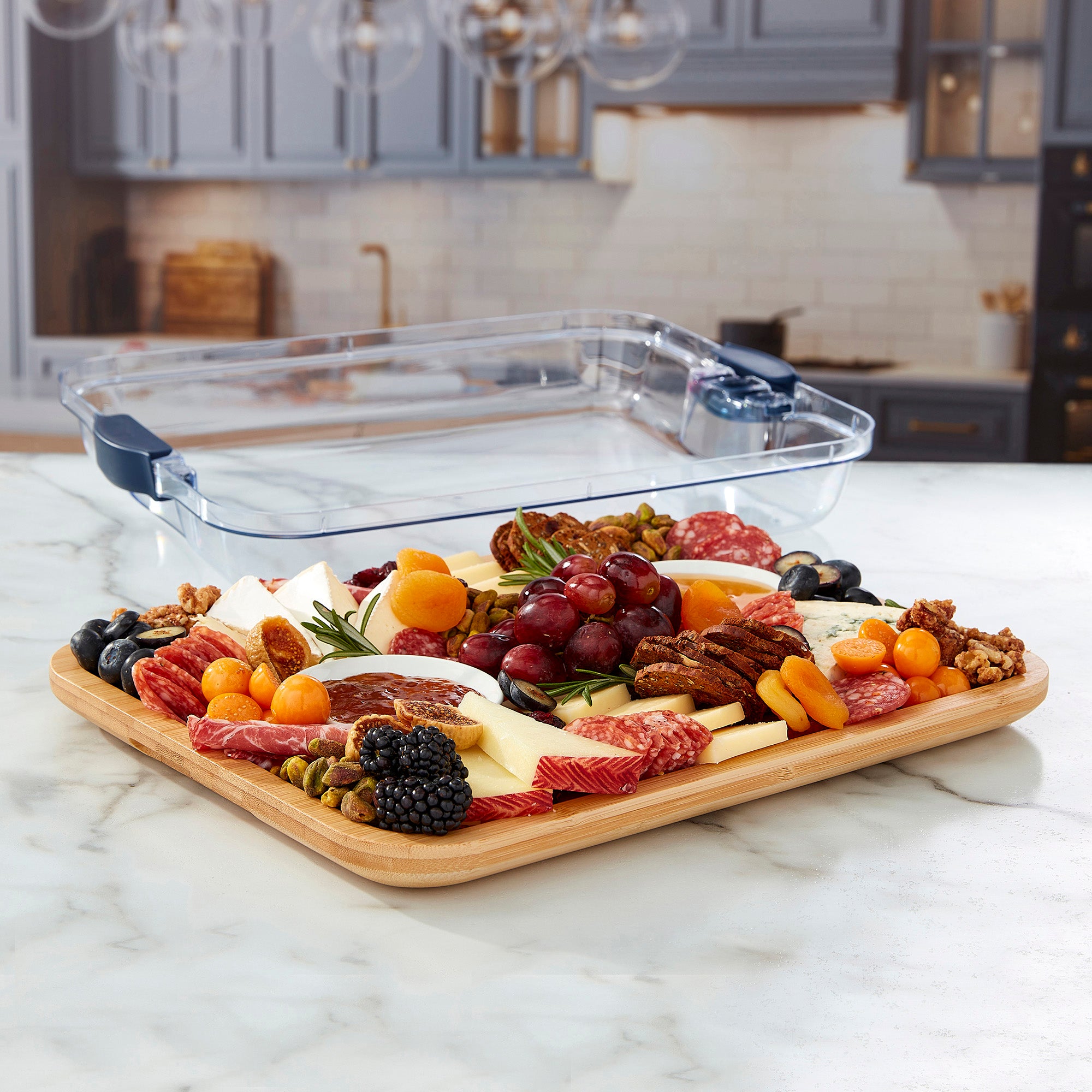 Farberware Build-A-Board Bamboo Cutting Board with Built-in Compartments and Clear Locking Lid with Navy Handles, Perfect for Charcuterie, Snacks, and More - Make it. Take it. Enjoy it, 11x14 Inches