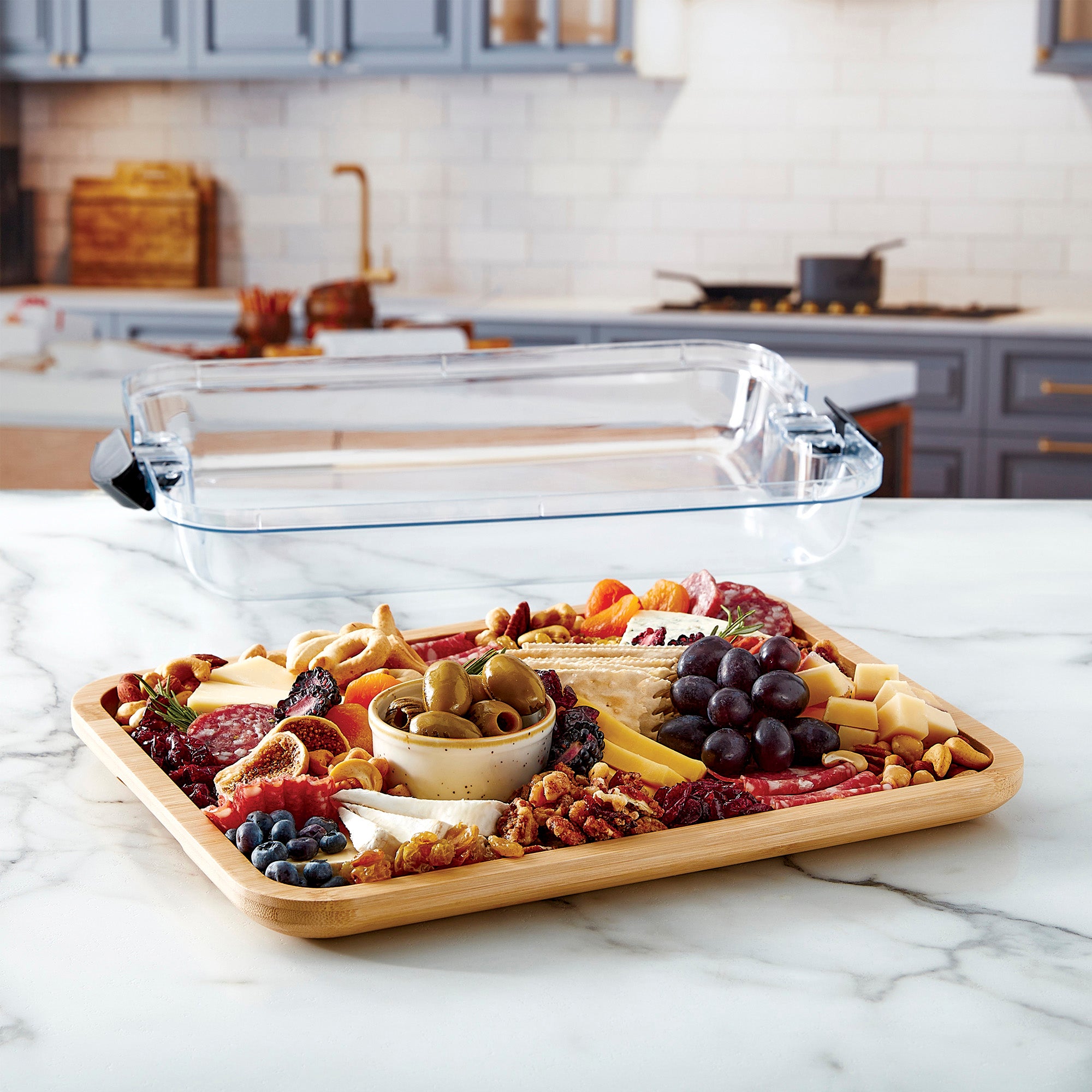 Farberware Build-A-Board Bamboo Cutting Board with Clear Locking Lid and Black Handles, Perfect for Charcuterie, Snacks, and More - Make it. Take it. Enjoy it, 11x14 Inch, Single Compartment