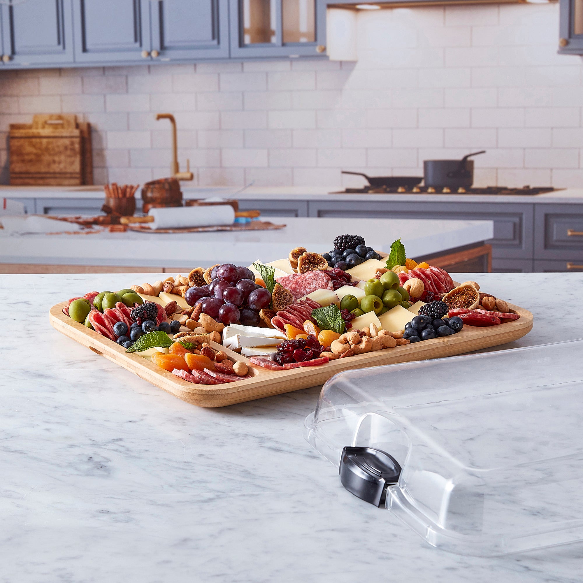 Farberware Build-a-Board Cutting Board with Three Compartments and Clear Locking Lid for Charcuterie, Snacks, and More-Make it. Take it. Enjoy it, 12x16 Inch, Bamboo