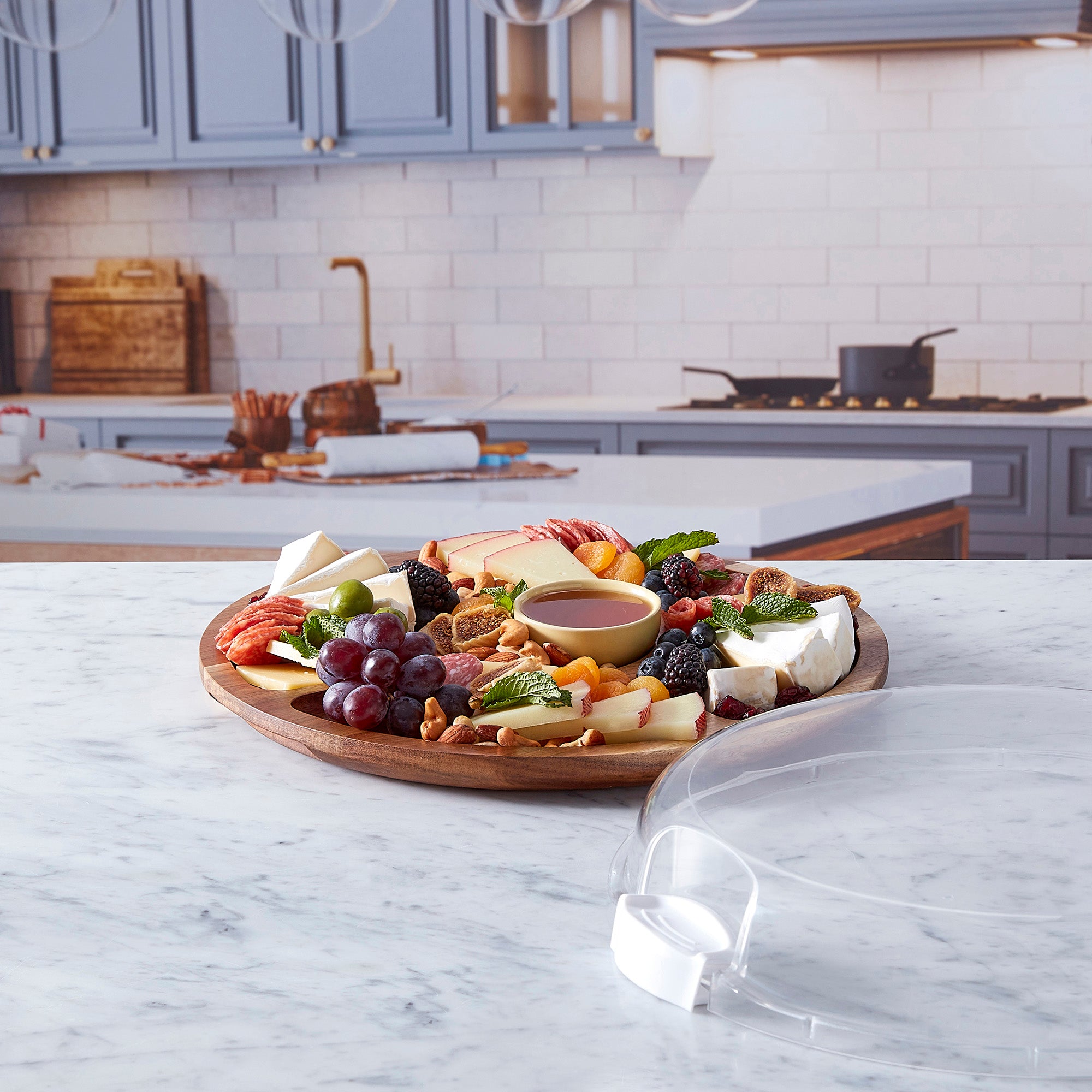 Farberware Build-a-Board Cutting Board with Lazy Susan Turntable, Five Compartments, and Clear Locking Lid for Charcuterie, Snacks, and More - Make it. Take it. Enjoy it, 14-Inch Round, Acacia