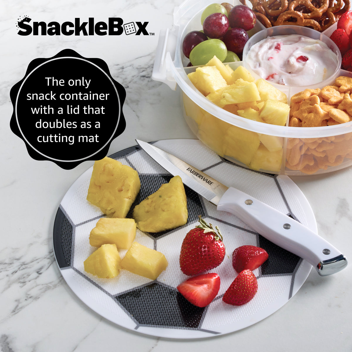 Snacklebox 8-Inch Soccer Ball Snack Box with Cutting Board Lid
