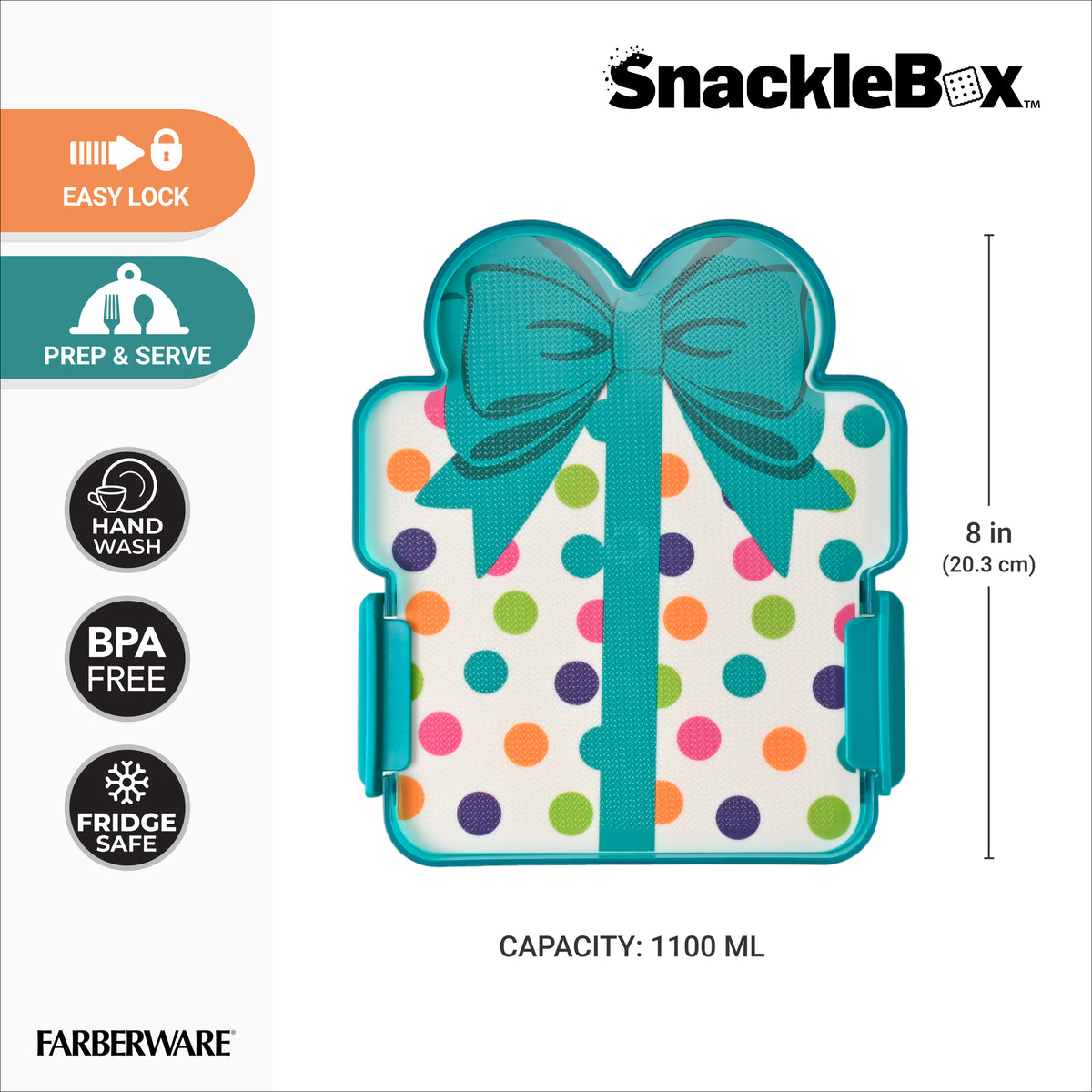 Snacklebox 8-Inch Polka Dot Present with Cutting Board Lid