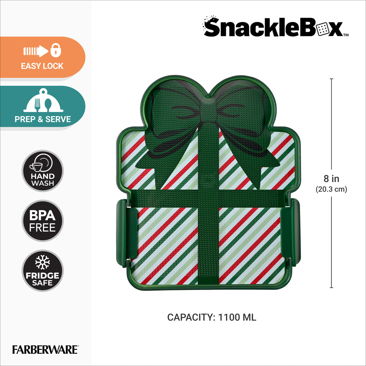 Snacklebox 8-Inch Holiday Stripe Present with Cutting Board Lid