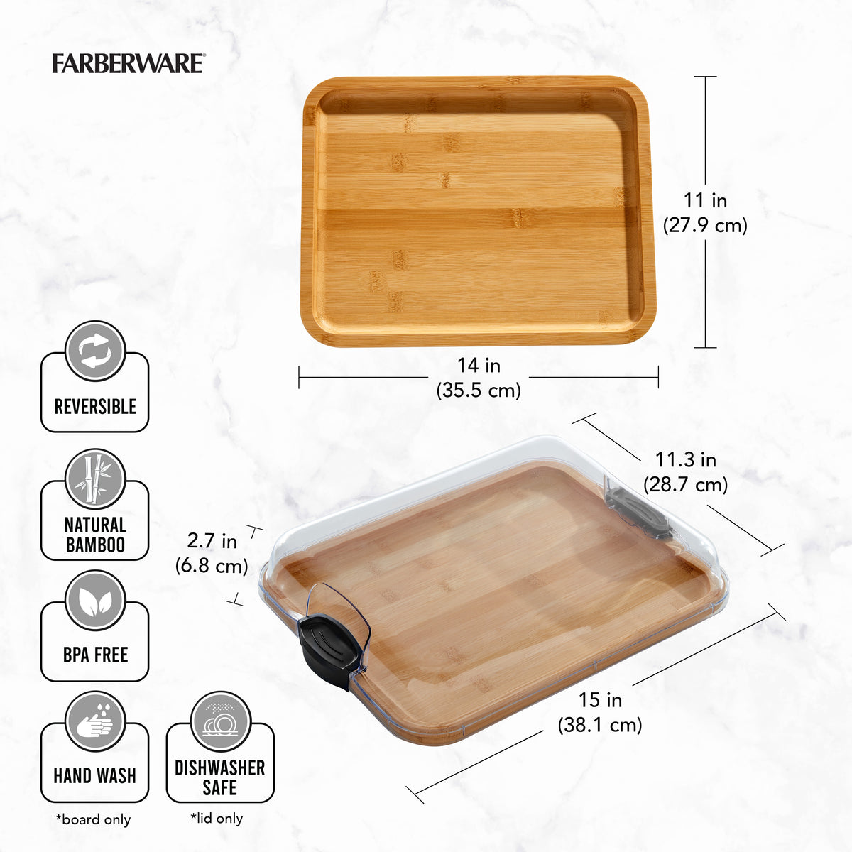 Bamboo cutting board measuring 11 by 14 inches on a white marble background with measurement lines