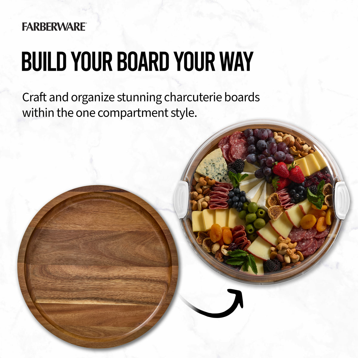 Build Your Board Your Way 14 inch round acacia cutting board with Farberware branding