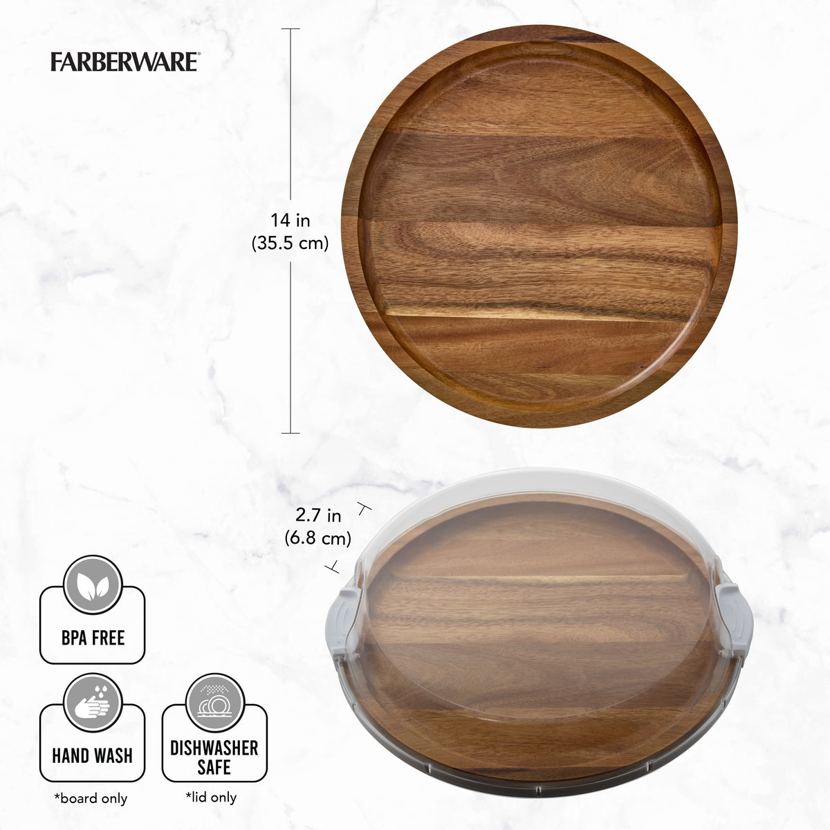 Round acacia cutting board with lid showing BPA free and hand wash icons