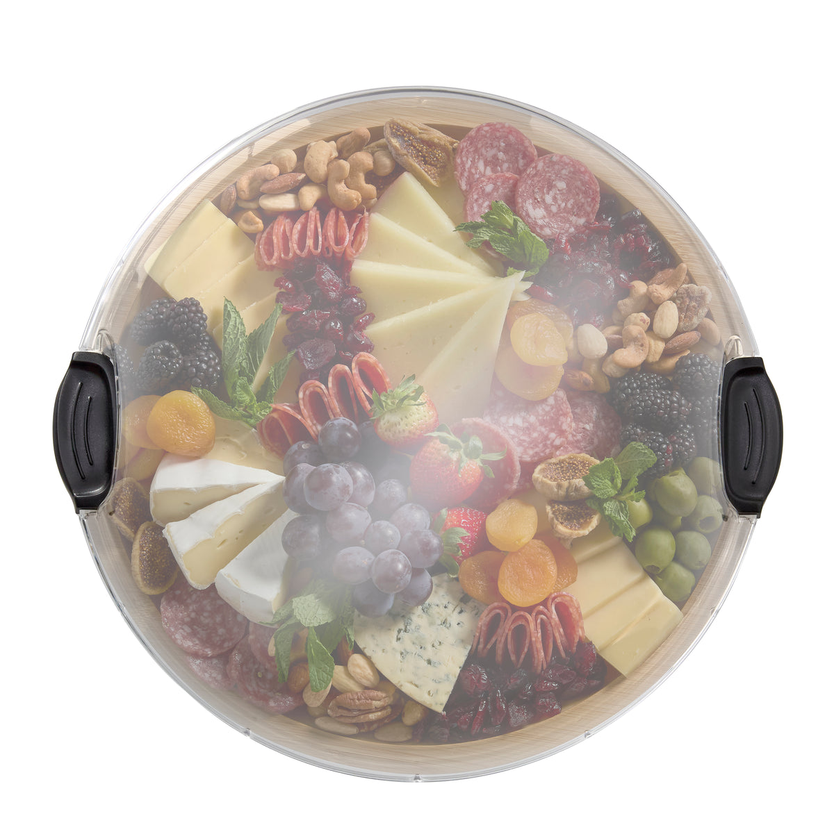 Round bamboo cutting board with a glass dome covering a cheese and fruit platter
