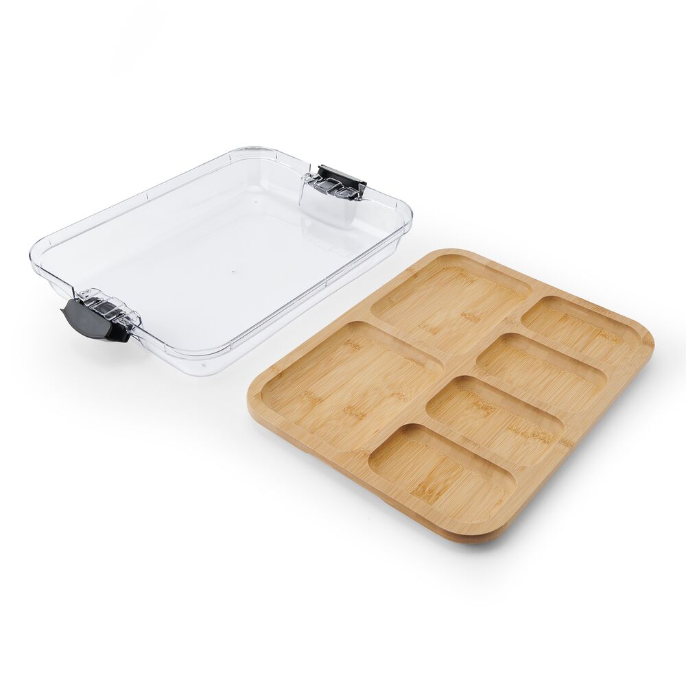 Clear lid with a bamboo six section cutting board insert from the Build-a-Board set