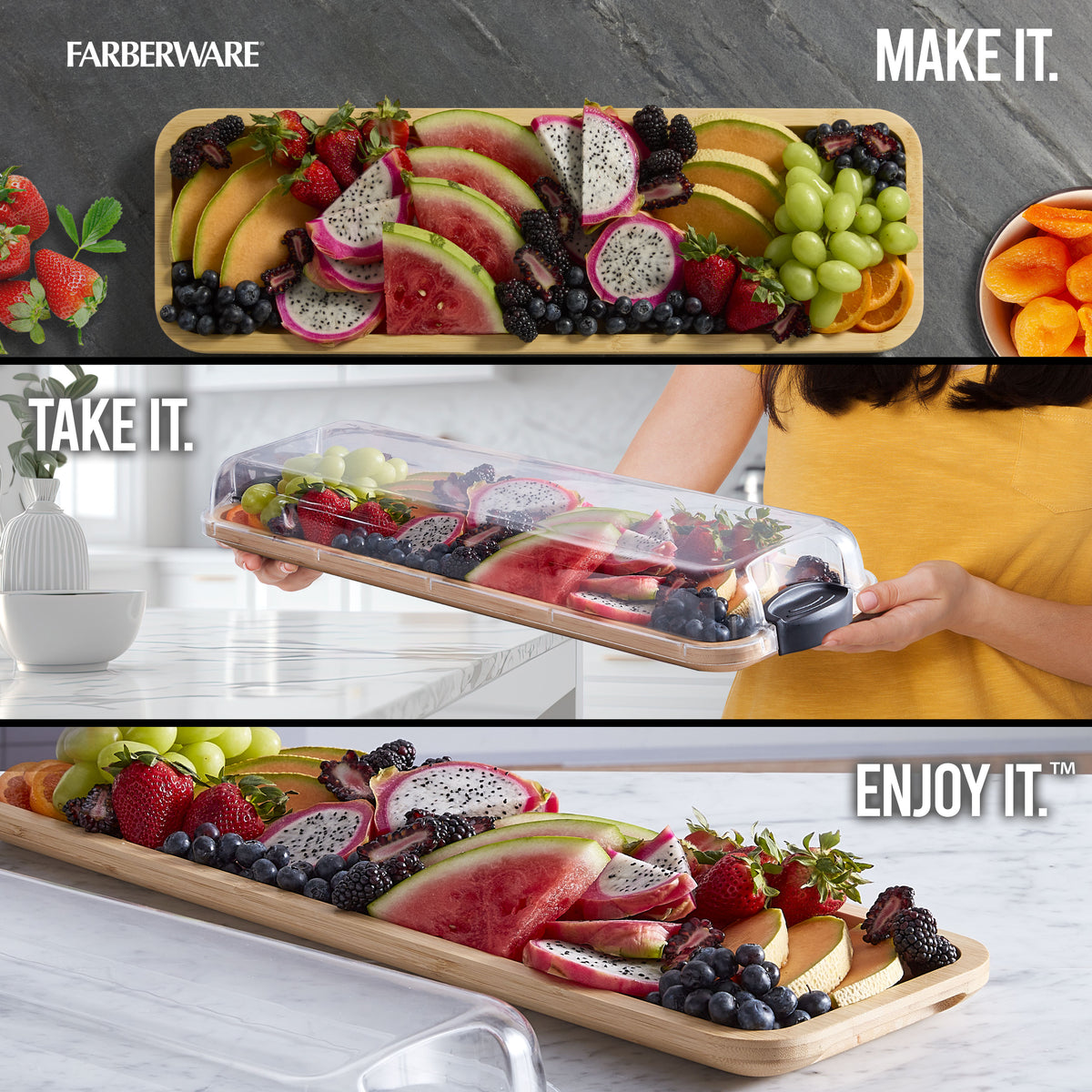 Fruit laden bamboo cutting board on a kitchen counter with dragon fruit, berries and melons.