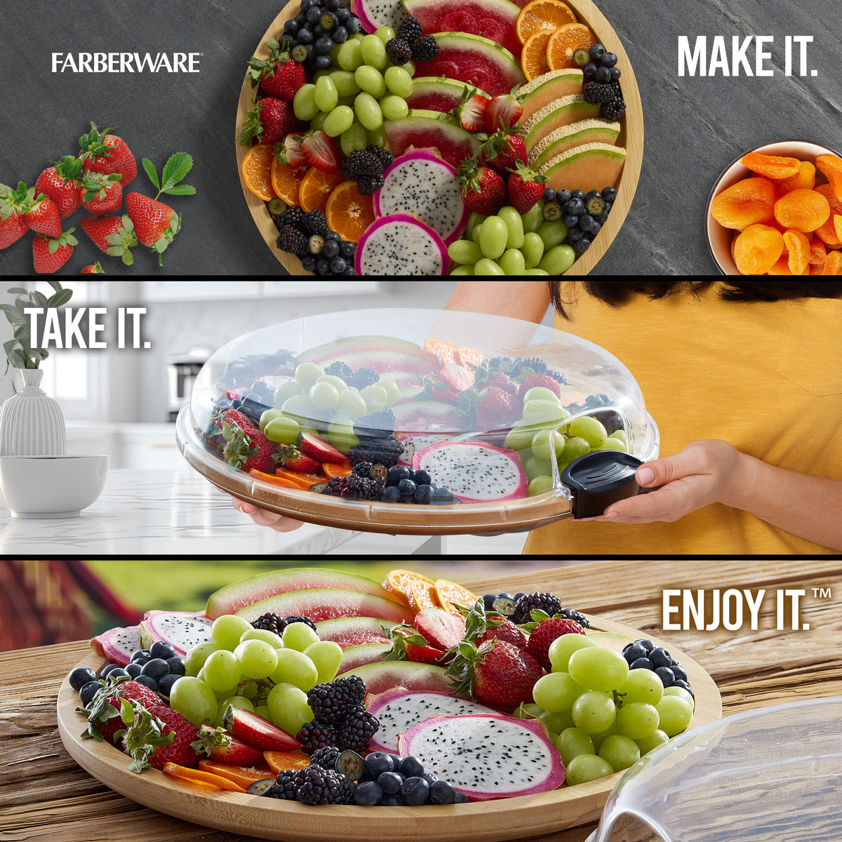 Round bamboo cutting board loaded with a colorful fruit platter on a dark slate background with Farberware branding