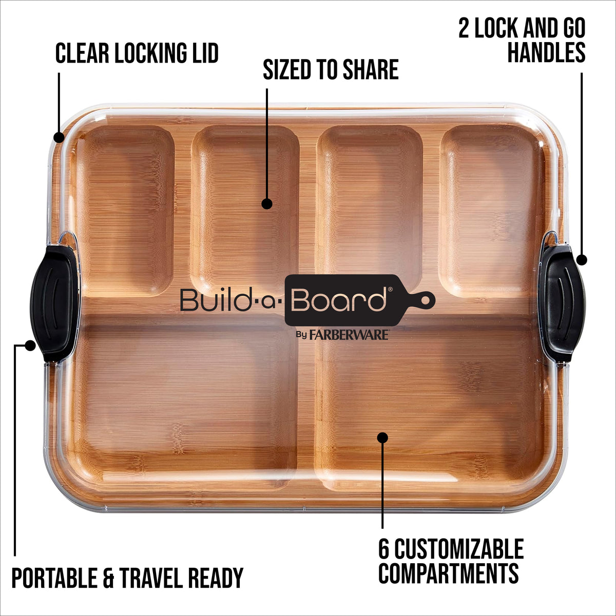 Product collage showing Build-a-Board features including clear locking lid two lock and go handles and six customizable compartments