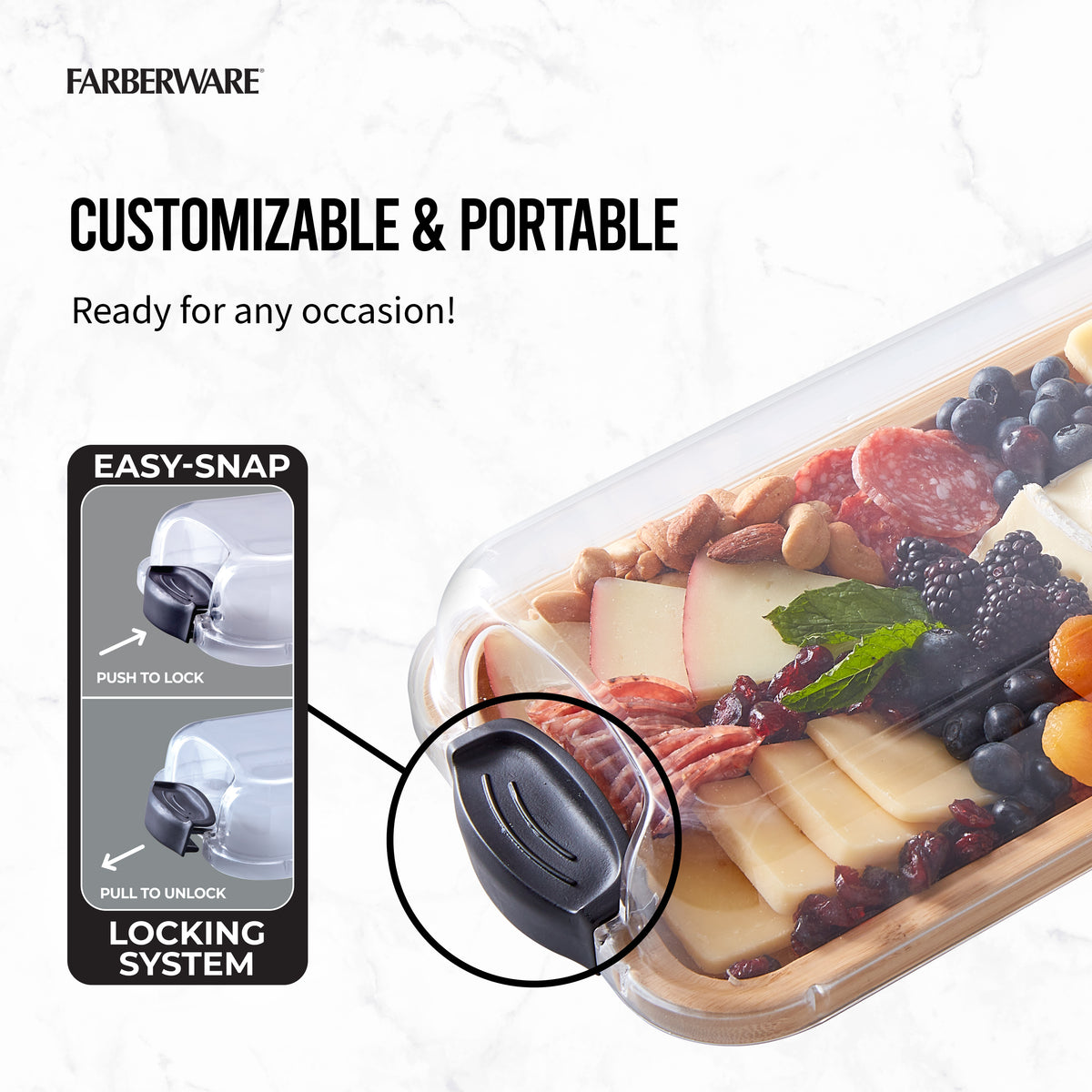 Farberware banner reading Customizable & Portable Ready for any occasion with a bamboo cutting board edge.