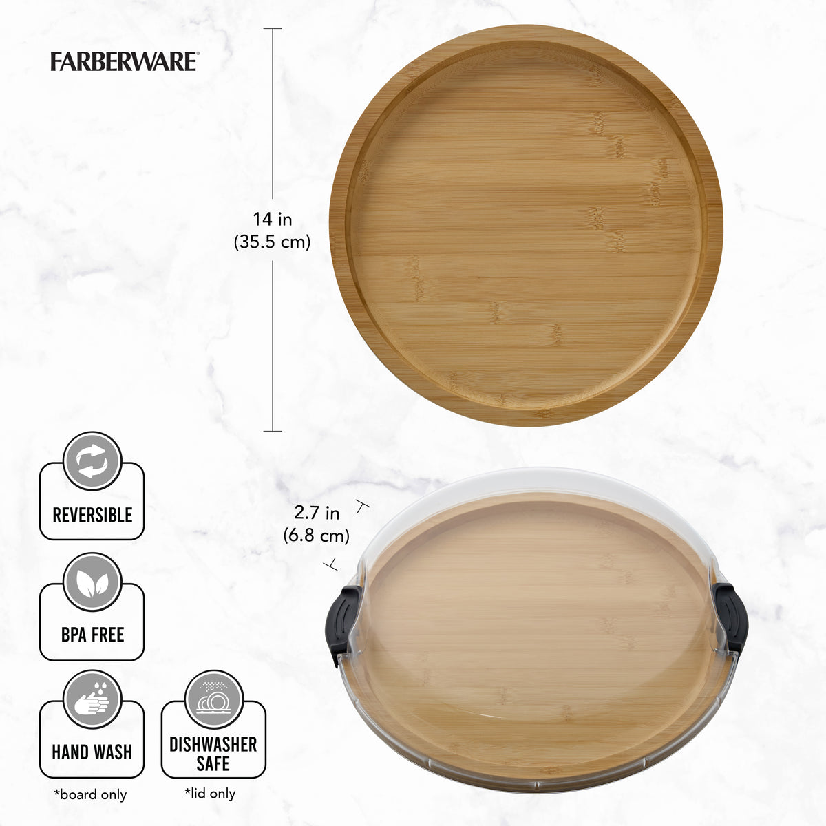 14 inch round bamboo cutting board shown with a measurement line and Farberware branding on a marble surface