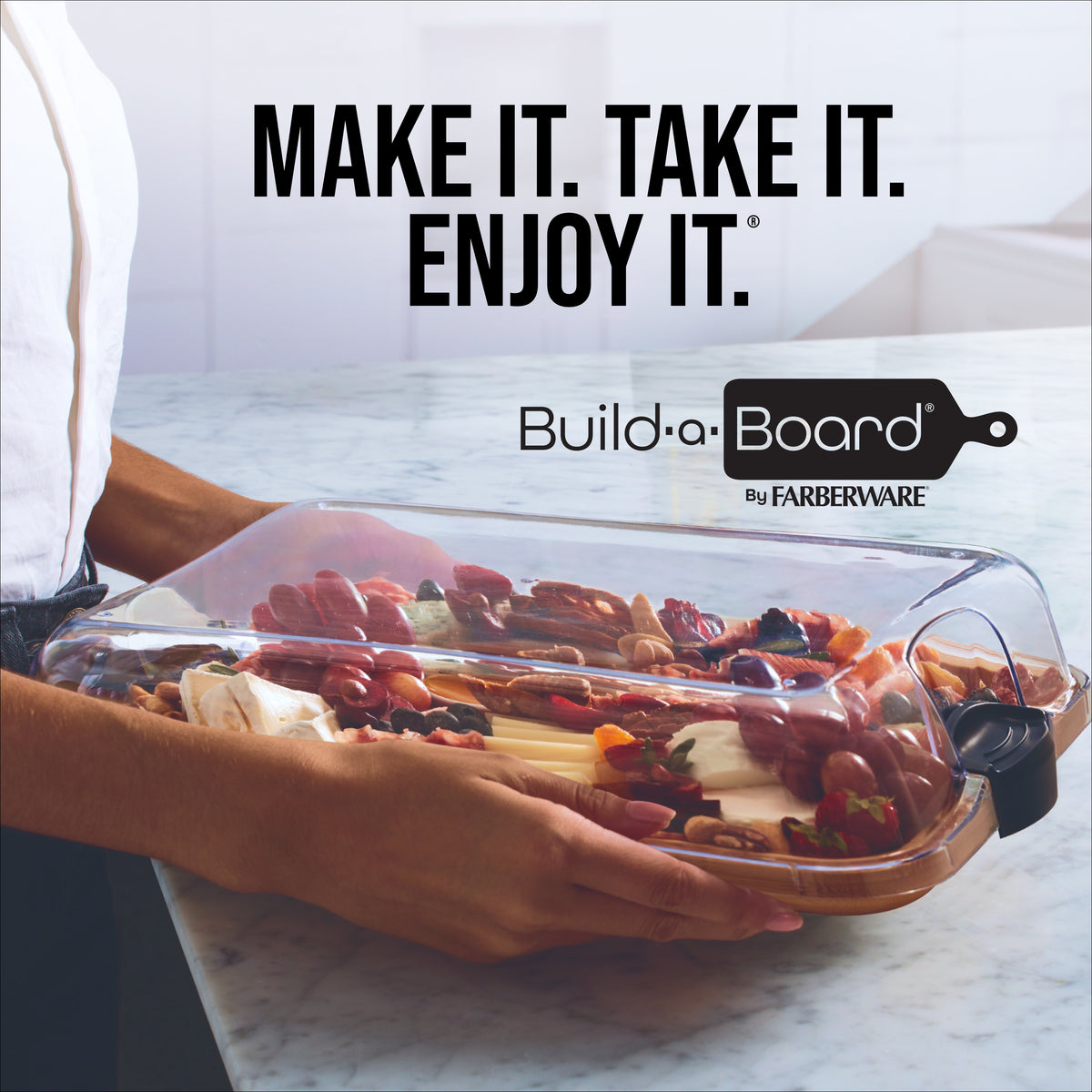 Banner reads Make It Take It Enjoy It with a wooden board and Build-a-Board logo