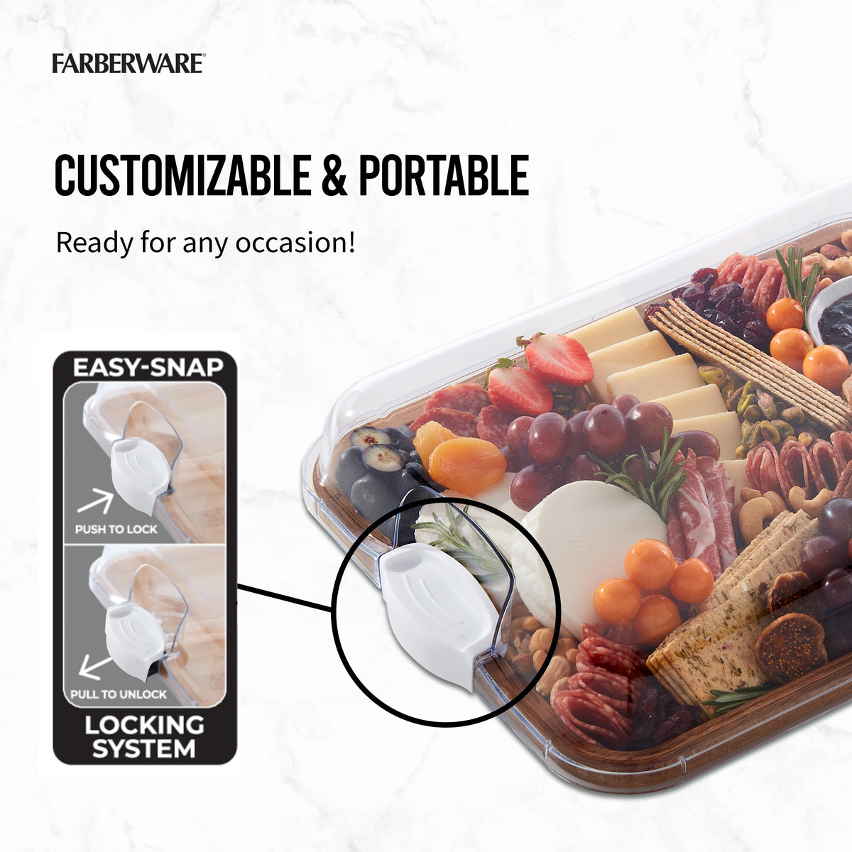 Farberware banner advertising a customizable portable board with Ready for any occasion and a partial cheese board