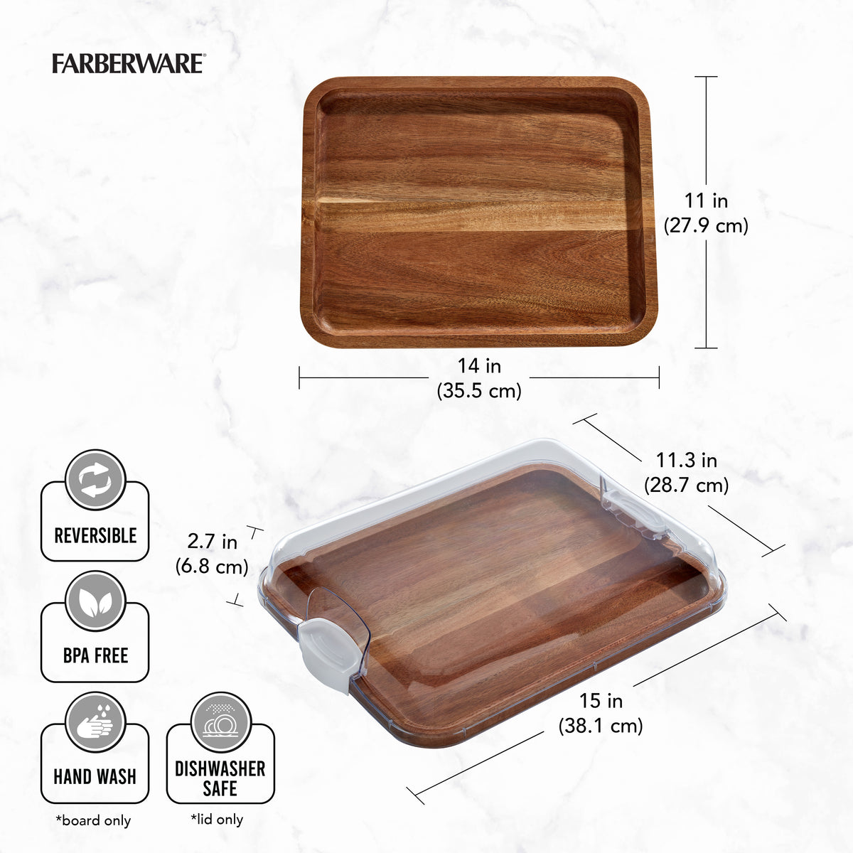 Acacia cutting board with dimensions 14 by 11 inches and a clear lid shown on a marble surface